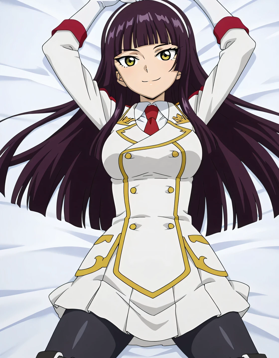 kaguramikazuchi, 1girl, long hair, hime cut, purple hair, yellow eyes, medium breasts, pantyhose, gloves, skirt, uniform, necktie, knee boots, white gloves, hairband, black pantyhose, military uniform, anime screencap, shiny skin, solo, lying, on back, arms up, legs apart, closed mouth, on bed, from above, cowboy shot, looking at viewer, smile, high quality,