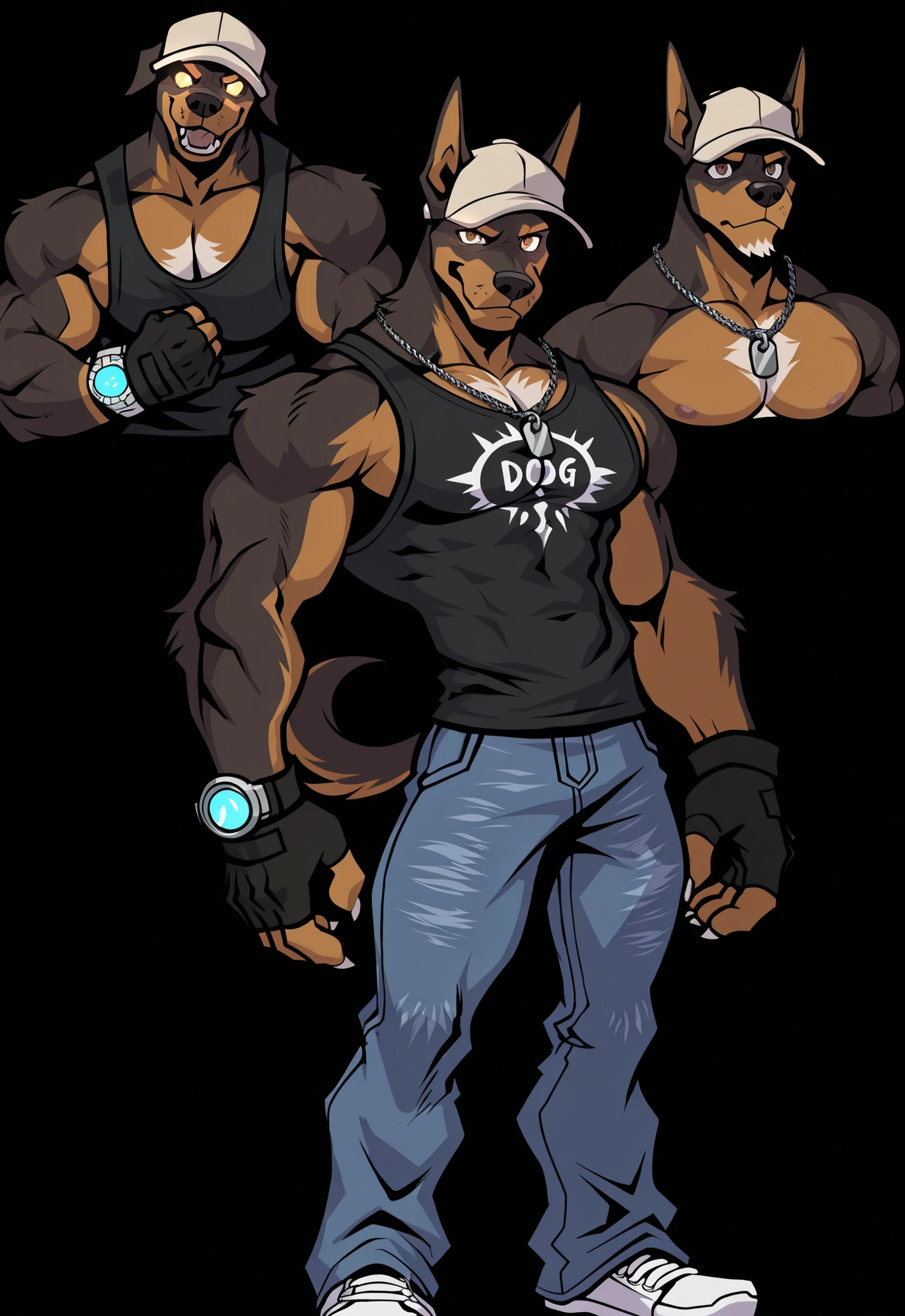 Experienced furry character reference sheet adoptable for Wolfstar, masterpiece , modern day alternate universe, no background, full body, multiple views , best quality , masterpiece , masculine , character sheet , dungeon & dragons , visual novel , featured on Pinterest , dynamic.Wolfstar is a hypnotized bouncer doberman at a !  Alone, solo, 1boy, A big dumb hunky jock doberman who wears a baseball cap whose rim covers his glowing eyes and looks tough! Muscular , black muscle tank top with the word "OBEY" inscribed in white over the  in front and shoulders on back, tough and stupid while on guard duty, night time , pleasure island bar, front view , low angled view, best Quality, high quality, ultra high resolution, Fine Eyes, Exquisite Face,  stage performers, handsome,  muscles,  hair, Abdominal muscles, tight blue jeans, neon lights, bar, null-ghost,Takemoto Arashi, , masterpiece, best quality, amazing quality, null-ghost, Wolfstar from visual novel "Wolfstar: Sins and Paradise". short spiky blonde hair with small pony tail, doberman, perfect brown eyes, Head and pectorals focus. Masculine, buff, dog, muscle, big thick broad shoulders, brown fur, light brown highlights, brown goatee, dogtags, detective, no defects, no watermarks, dog, perfect hands, wears a modern tech watch with a cracked face, doberman, solo, alone, fingerless gloves. Dazzling lights, special effects, stage show, Amazing Details, highly detailed face, no defects, no watermarks, perfect eyes.