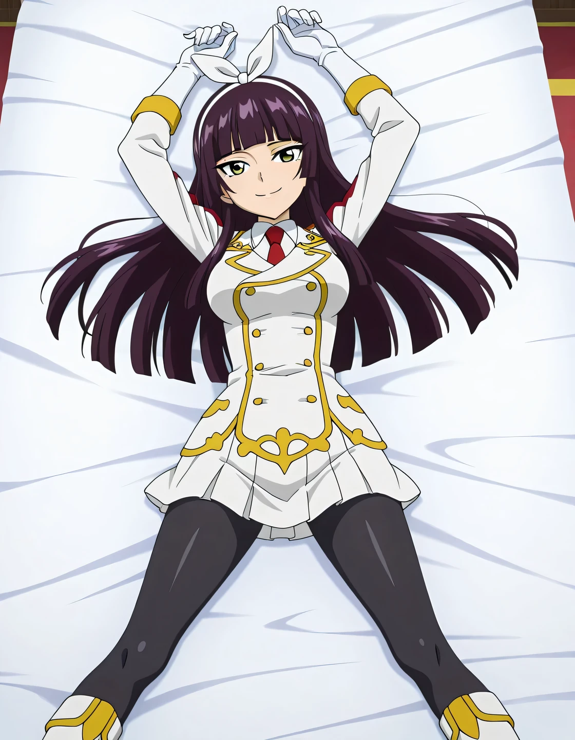 kaguramikazuchi, 1girl, long hair, hime cut, purple hair, yellow eyes, medium breasts, pantyhose, gloves, skirt, uniform, necktie, knee boots, white gloves, hairband, black pantyhose, military uniform, anime screencap, shiny skin, solo, lying, on back, arms up, legs apart, closed mouth, on bed, from above, cowboy shot, looking at viewer, smile, high quality,
