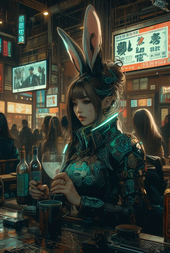 steampunk。Hongkong、Abandoned Asian cities、Alley、food stall、Rubber Coat Mecha。Midnight、Mucha、flower、Grasonochrome、Line artだけの塗り絵を作ってください。Line art、Finally, create the bottom of the coloring book.