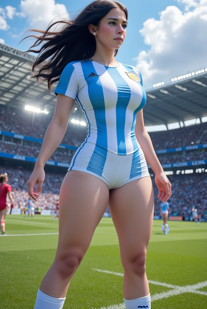 (Masterpiece, Hyperrealistic, 8k, HDR, RAW), ((Natural illumination)), ((Outside a Stadium)), ((Warm)), ((Pretty girl)), Argentine girl, ???? girl, ((Tanned skin)), 18 years old, ((Dark hair)), ((Blue eyes)), ((Sunset)), ((Tight argentina football uniform)), ((Long straight hair)), ((???? curvy body)), ((????????????)), ((Big swollen ???????)), wide ????, ???? face, big eyes, grin, perfect ???????