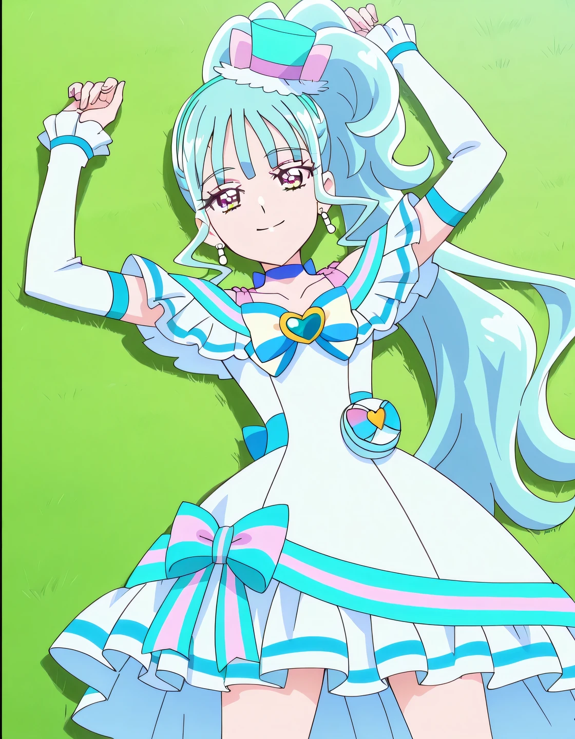 Cure Lillian, light blue hair, very_long_ponytail, wavy hair, purple_eyes, multicolored eyes, small_breasts, earrings, mini hat, hair_ornaments, bangs, light blue precure costumes, anime screencap, high quality, solo, lying, on back, arms up, , closed mouth, on grass, cowboy shot, smile, looking at viewer, best quality