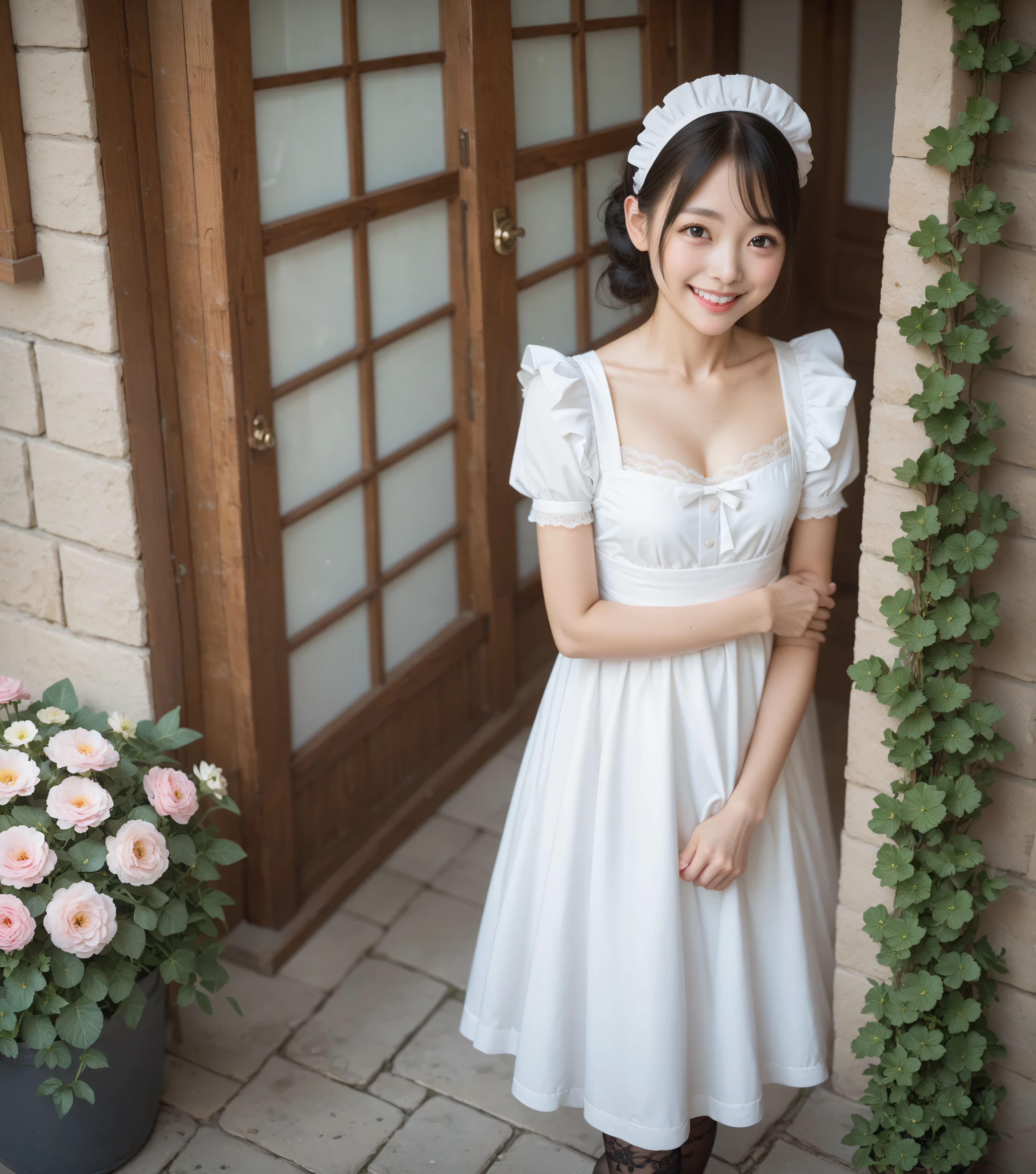 Single Girl、maids,Look at the audience,(skinny:1.19),(younger:0.95),from above,slouches forward,(big boobs:0.06),Watering flowers outside the mansion,Japanese,(Smile Yang:1.05),black lace stockings