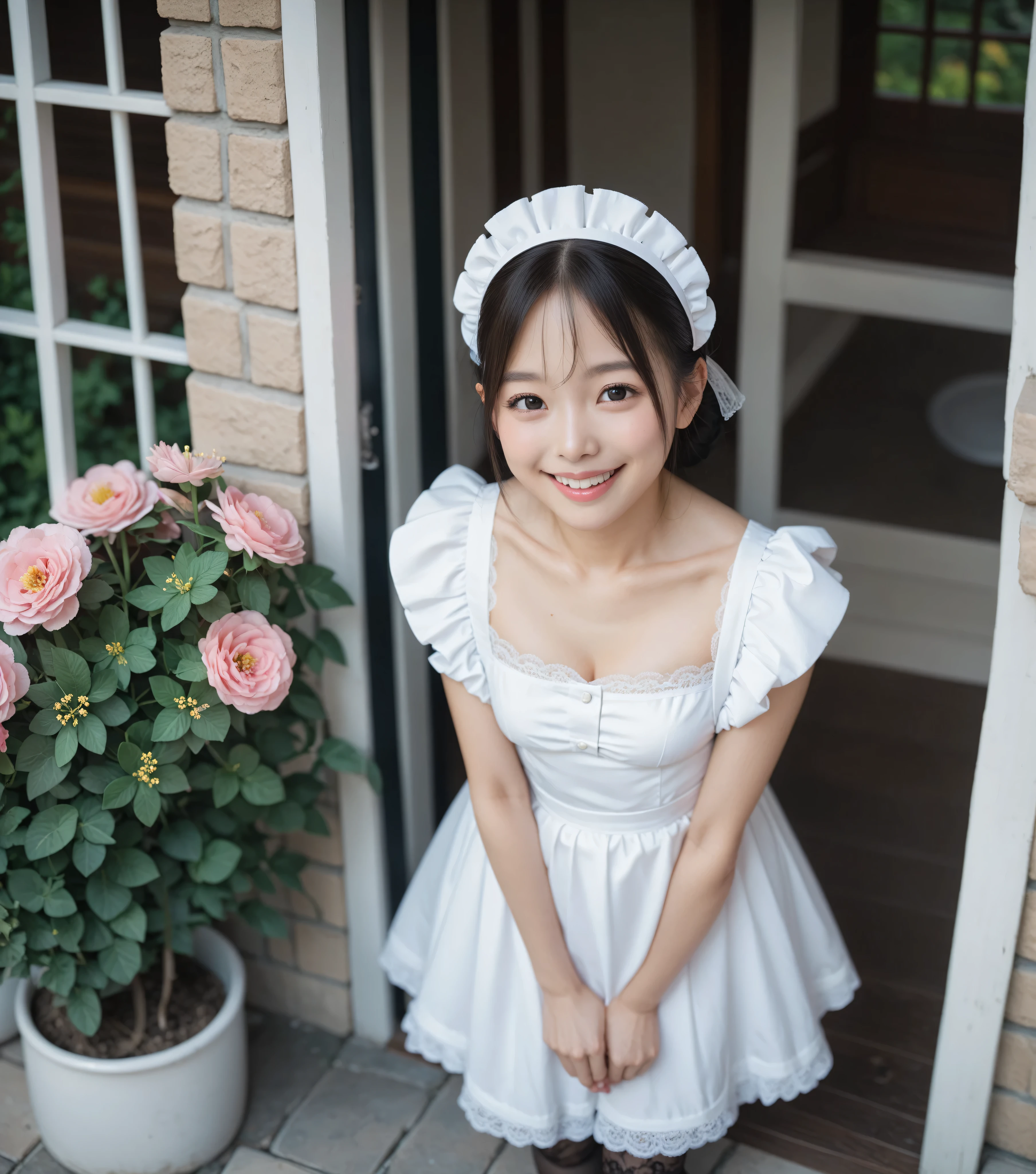 Single Girl、maids,Look at the audience,(skinny:1.19),(younger:0.95),from above,slouches forward,(big boobs:0.06),Watering flowers outside the mansion,Japanese,(Smile Yang:1.05),black lace stockings