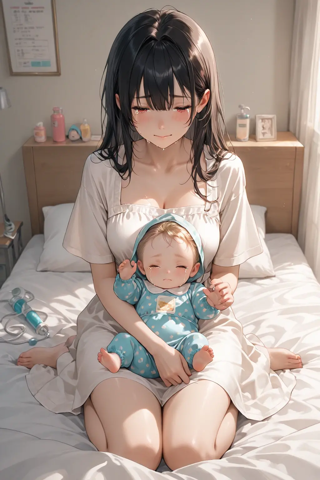 Rio/Blue archive, long hair, pink hair, blue eye, kinder garten , skirt, pregnant, smile, sit bed,