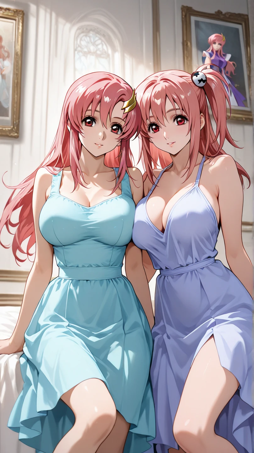 (masterpiece, computer, mejor quality, Clear focus, shadow, of God's rays, ultra high resolution, 8K, perfect , rostro perfecto, (detailed face), ( detailed eye ), score_9, score_8_above, score_7_above, score_6_above, score_5_above, score_4_above, kilde_ animated, Label 1, Label2, quality_masterpiece, anatomically correct, beautiful face, rostro perfecto, Beautiful and highly detailed face and eyes, Attractive Face , detailed face, delicate facial features, with bare shoulders, huge breasts, breast size cup D or DD, wide hips, gigantic butt, thick thighs. looking at the viewer. Illustration of two female anthropomorphic characters, that have feline ears and tails. both have long hair: one with pink hair and the other with reddish hair, both with low-cut party dresses. The scene shows the two figures in an environment interior illuminated by natural light that enters From a window, with a faded background and warm tones. The main focus is on the expression of their faces and the interaction between them, while the details of the environment, like plants and furniture, are partially visible in the foreground and in the background.