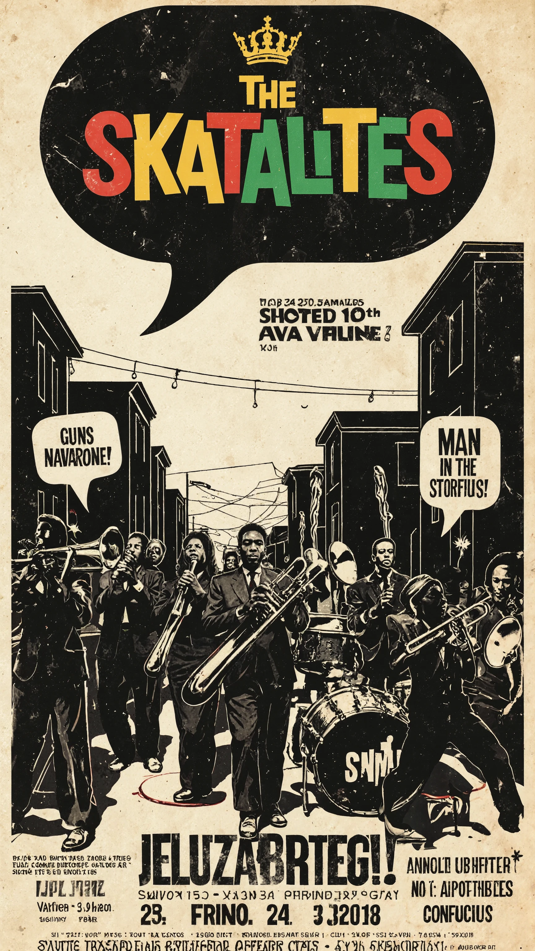 A vintage-style promotional poster for “The Skatalites.” At the center, boldly stylized red, green, and yellow lettering for “THE SKATALITES” is set against a black speech bubble background, topped with a small golden crown that evokes a celebratory atmosphere. The lower half of the poster depicts a vibrant cityscape dominated by black, featuring a jubilant parade rendered in silhouette. At the center, several musicians of various ages, all African American, perform in a residential neighborhood. Each radiates intense, passionate energy. The scene evokes 1950s Jamaica, saturated with the presence of musical instruments: a sousaphone, trumpet, trombone, and drums are prominently positioned, hinting at a lively sound. The festive, vibrant atmosphere evokes a carnival-like sensation. Silhouettes are placed throughout, adding dynamic visual accents. The poster's background is a creamy off-white. Below the band name, event details (date, time, venue, contact) are displayed in serif type. At the bottom, speech bubble illustrations list song titles: “GUNS OF NAVARONE!”, “MAN IN THE STREET!”, and “CONFUCIUS!” are listed in speech bubble illustrations. The overall aesthetic is retro, likely Art Deco-inspired, strongly emphasizing bold typography and vivid color contrasts to create a visually compelling design. Lighting is uniform, and the poster features subtle aging effects to enhance its vintage feel.