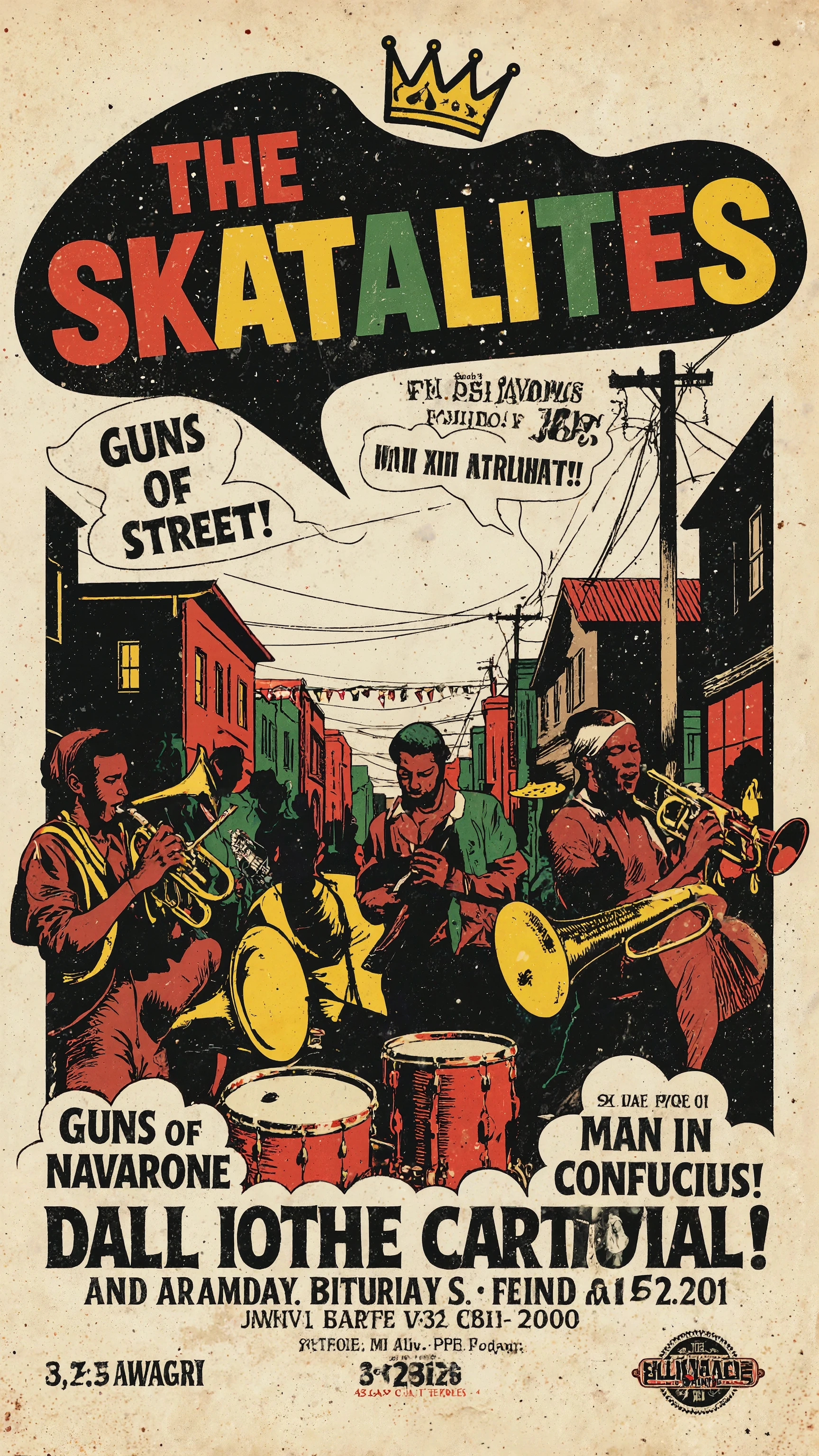 A vintage-style promotional poster for “The Skatalites.” At the center, boldly stylized red, green, and yellow lettering for “THE SKATALITES” is set against a black speech bubble background, topped with a small golden crown that evokes a celebratory atmosphere. The lower half of the poster depicts a vibrant cityscape dominated by black, featuring a jubilant parade rendered in silhouette. At the center, several musicians of various ages, all African American, perform in a residential neighborhood. Each radiates intense, passionate energy. The scene evokes 1950s Jamaica, saturated with the presence of musical instruments: a sousaphone, trumpet, trombone, and drums are prominently positioned, hinting at a lively sound. The festive, vibrant atmosphere evokes a carnival-like sensation. Silhouettes are placed throughout, adding dynamic visual accents. The poster's background is a creamy off-white. Below the band name, event details (date, time, venue, contact) are displayed in serif type. At the bottom, speech bubble illustrations list song titles: “GUNS OF NAVARONE!”, “MAN IN THE STREET!”, and “CONFUCIUS!” are listed in speech bubble illustrations. The overall aesthetic is retro, likely Art Deco-inspired, strongly emphasizing bold typography and vivid color contrasts to create a visually compelling design. Lighting is uniform, and the poster features subtle aging effects to enhance its vintage feel.