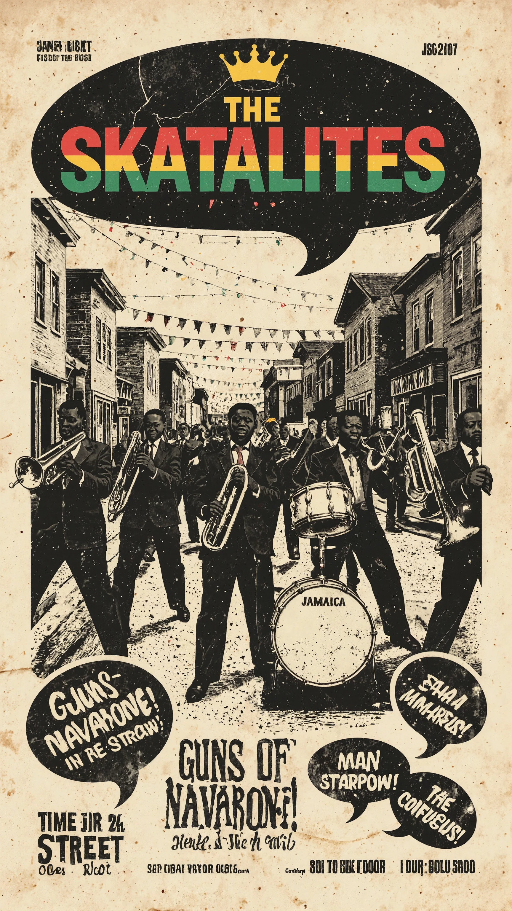 A vintage-style promotional poster for “The Skatalites.” At the center, boldly stylized red, green, and yellow lettering for “THE SKATALITES” is set against a black speech bubble background, topped with a small golden crown that evokes a celebratory atmosphere. The lower half of the poster depicts a vibrant cityscape dominated by black, featuring a jubilant parade rendered in silhouette. At the center, several musicians of various ages, all African American, perform in a residential neighborhood. Each radiates intense, passionate energy. The scene evokes 1950s Jamaica, saturated with the presence of musical instruments: a sousaphone, trumpet, trombone, and drums are prominently positioned, hinting at a lively sound. The festive, vibrant atmosphere evokes a carnival-like sensation. Silhouettes are placed throughout, adding dynamic visual accents. The poster's background is a creamy off-white. Below the band name, event details (date, time, venue, contact) are displayed in serif type. At the bottom, speech bubble illustrations list song titles: “GUNS OF NAVARONE!”, “MAN IN THE STREET!”, and “CONFUCIUS!” are listed in speech bubble illustrations. The overall aesthetic is retro, likely Art Deco-inspired, strongly emphasizing bold typography and vivid color contrasts to create a visually compelling design. Lighting is uniform, and the poster features subtle aging effects to enhance its vintage feel.