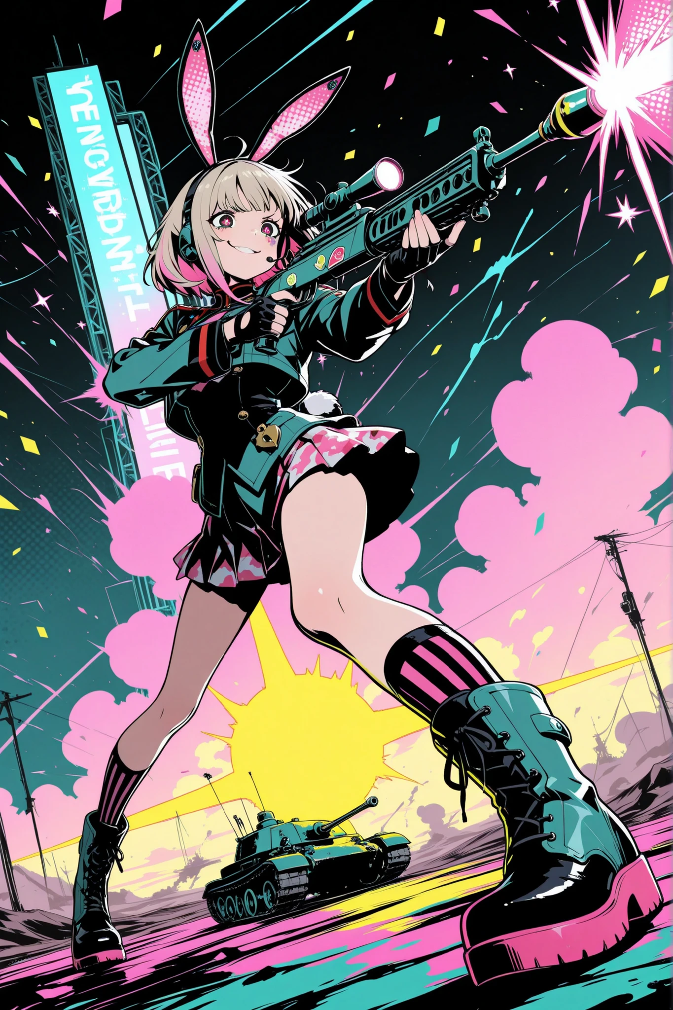 (masterpiece, best quality, clean cel-shaded pop-anime style, bold crisp linework, high saturation, pop-military poster vibe, flat shapes, simplified geometry, clear silhouette, halftone dots, screen-tone texture (subtle), sticker-like cutout edges, minimal soft shading)
a cool bunny-eared girl with jaded half-lidded eyes, posing stylishly on a pop-colored battlefield, aiming a bright toy-like rifle with both hands; expression: calm, confident smirk; outfit: colorful military uniform—short cropped jacket in teal and pink camo, cargo mini skirt with golden buckles, thigh-high striped socks, fingerless gloves, and chunky combat boots; accessories: black glossy bunny ears, headset with mic, toy grenades in pastel colors; composition: full-body, central framing, horizontal layout awareness, clear foreground/background separation; background: stylized pop-art battlefield with halftone explosions, toy tanks, and star-shaped smoke clouds in neon tones; palette: teal, magenta, yellow, black, cyan highlights; effects: glow specks, halftone burst, motion lines, confetti spark trails; lighting: glossy highlights, hard rim light, faint bloom; angle: three-quarter view, playful yet bold action vibe