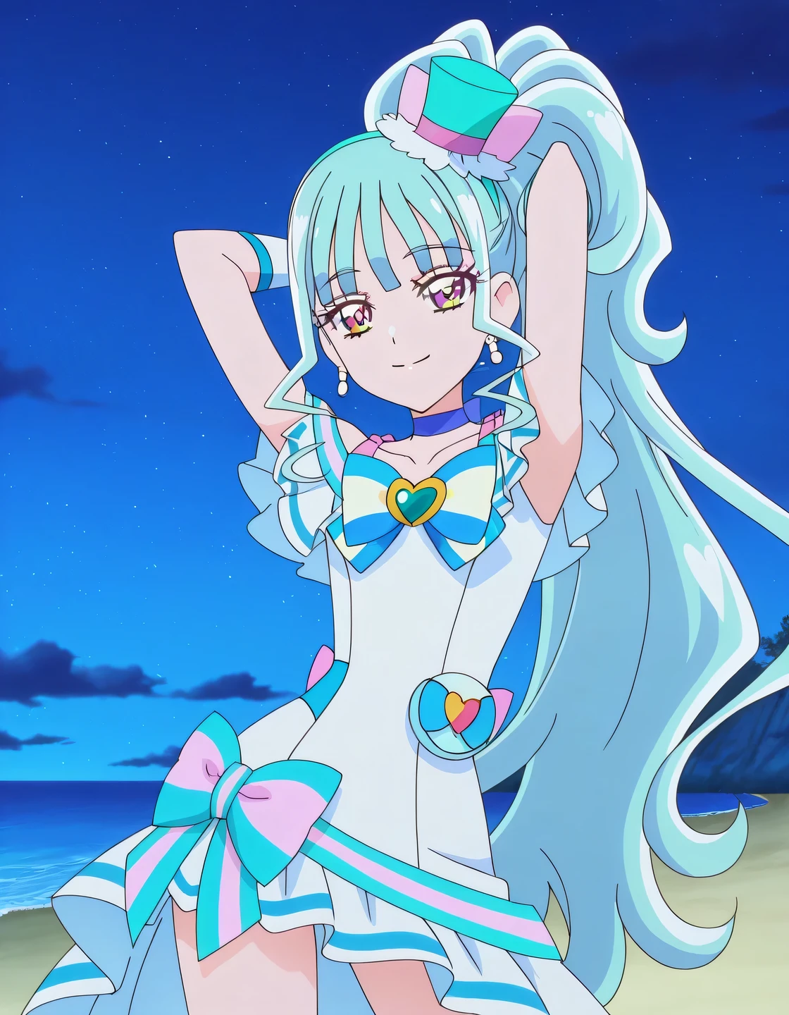 Cure Lillian, light blue hair, very_long_ponytail, wavy hair, purple_eyes, multicolored eyes, small_breasts, earrings, mini hat, hair_ornaments, bangs, light blue precure costumes, anime screencap, high quality, solo, night sky, beach, arms behind head, ((contrapposto)), closed mouth, cowboy shot, looking at viewer, smile, best quality