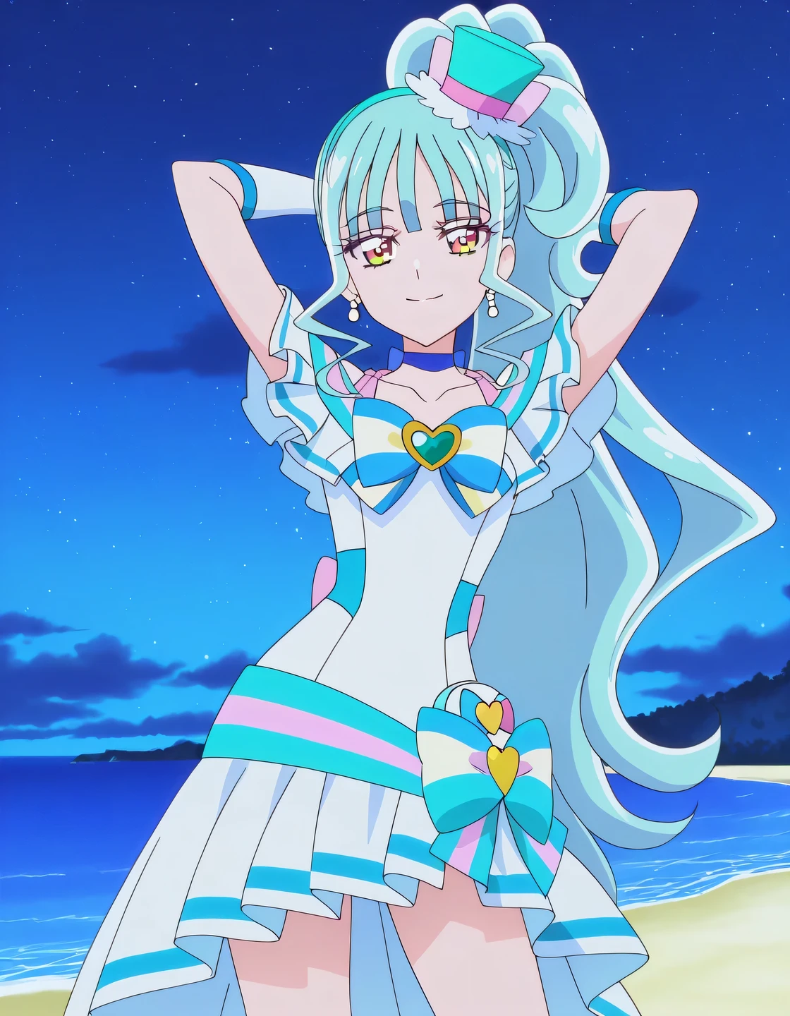 Cure Lillian, light blue hair, very_long_ponytail, wavy hair, purple_eyes, multicolored eyes, small_breasts, earrings, mini hat, hair_ornaments, bangs, light blue precure costumes, anime screencap, high quality, solo, night sky, beach, arms behind head, ((contrapposto)), closed mouth, cowboy shot, looking at viewer, smile, best quality