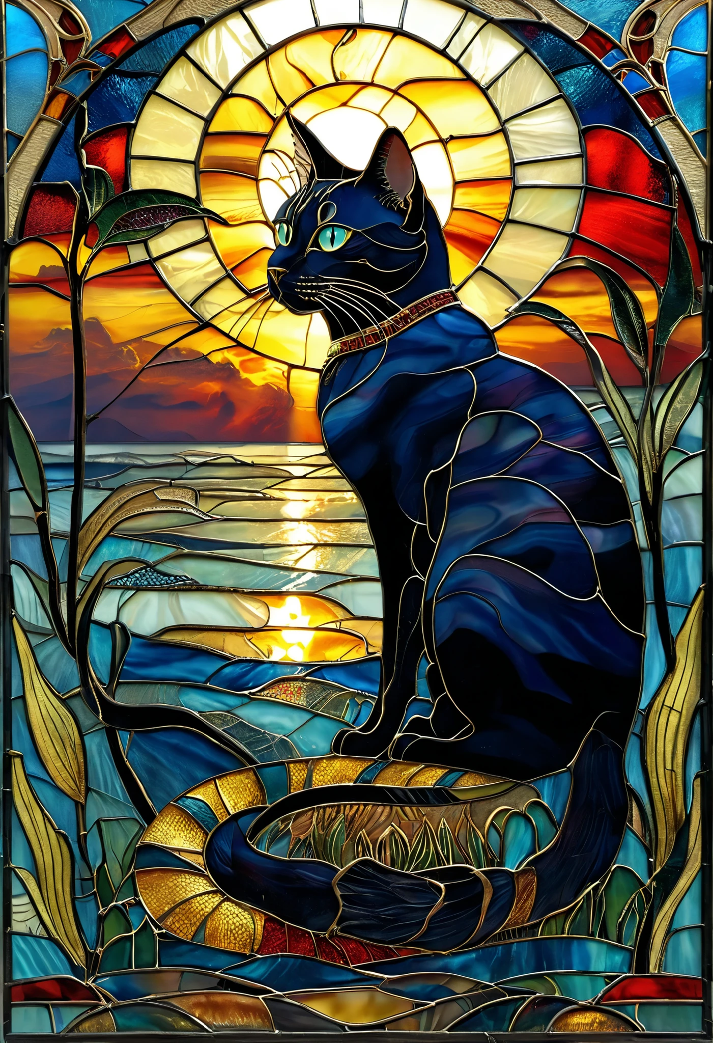Ancient Egyptian Stained Glass、Black Cat、One Tail 、Mysterious Atmosphere、Delicate Details、4k ultra realistic、Professional Paintings、real、Vivid Colors、Intense Light and Shadow、Precise Textures、fantastic composition、Jet Black Storm、Crimson Sunset、Gold Decoration、perfect ratio down to a lot