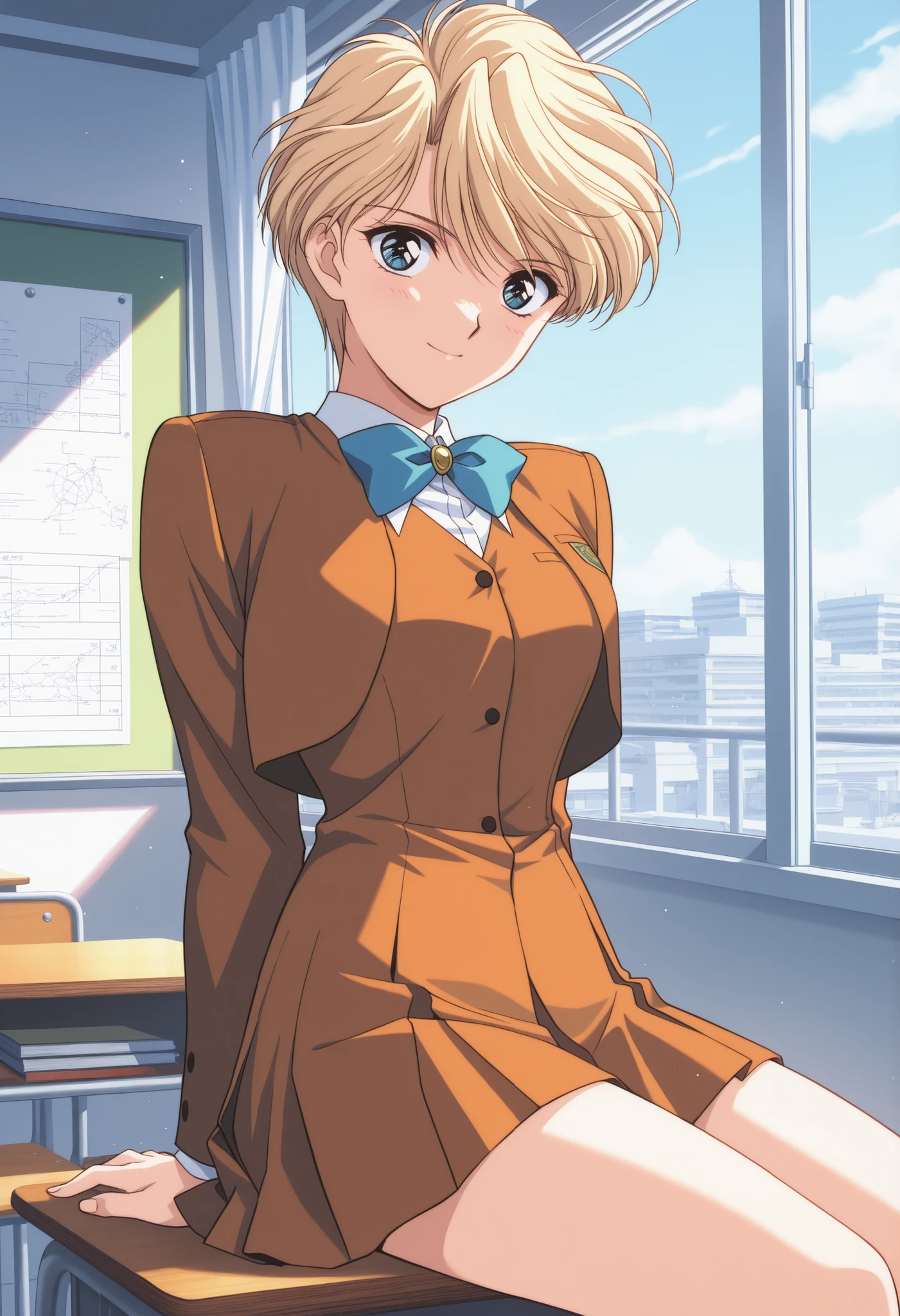 score_9, score_8_up , score_7_up , score_6_up , score_5_up , score_4_up ,Clip skip:2,,(1990s_\(style\):0.8),(retro_artstyle:0.8),(masterpiece:1.3),NSFW,solo, (extremely detailed CG unity 8k wallpaper),top quality , amazing quality, high resolution, Absurd, very aesthetic, high resolution, (ultra detail), perfect detail,(extremely detailed CG,highres icon,absurdres,4K),cowboy shot, best quality, source_anime,official art,perfect_anatomy,,yui hongo,1girl,blue eyes,blonde hair,short hair,very short hair,school uniform,ribbon,,looking_at_viewer,smile,day,classroom,美しい太腿,(sitting),