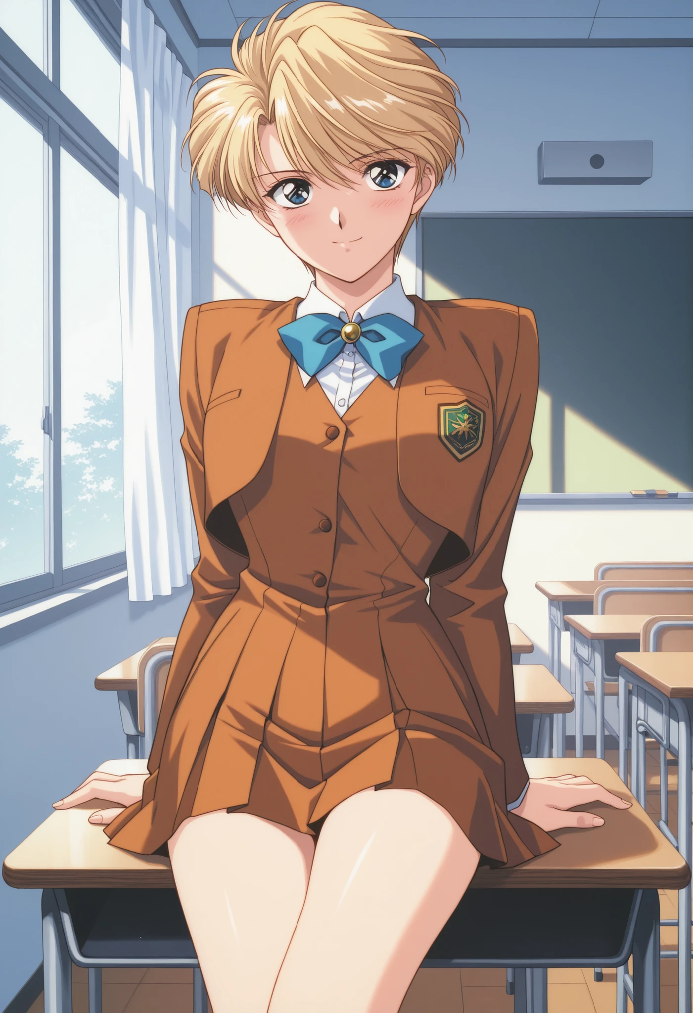 score_9, score_8_up , score_7_up , score_6_up , score_5_up , score_4_up ,Clip skip:2,,(1990s_\(style\):0.8),(retro_artstyle:0.8),(masterpiece:1.3),NSFW,solo, (extremely detailed CG unity 8k wallpaper),top quality , amazing quality, high resolution, Absurd, very aesthetic, high resolution, (ultra detail), perfect detail,(extremely detailed CG,highres icon,absurdres,4K),cowboy shot, best quality, source_anime,official art,perfect_anatomy,,yui hongo,1girl,blue eyes,blonde hair,short hair,very short hair,school uniform,ribbon,,looking_at_viewer,smile,day,classroom,美しい太腿,(sitting),blush,