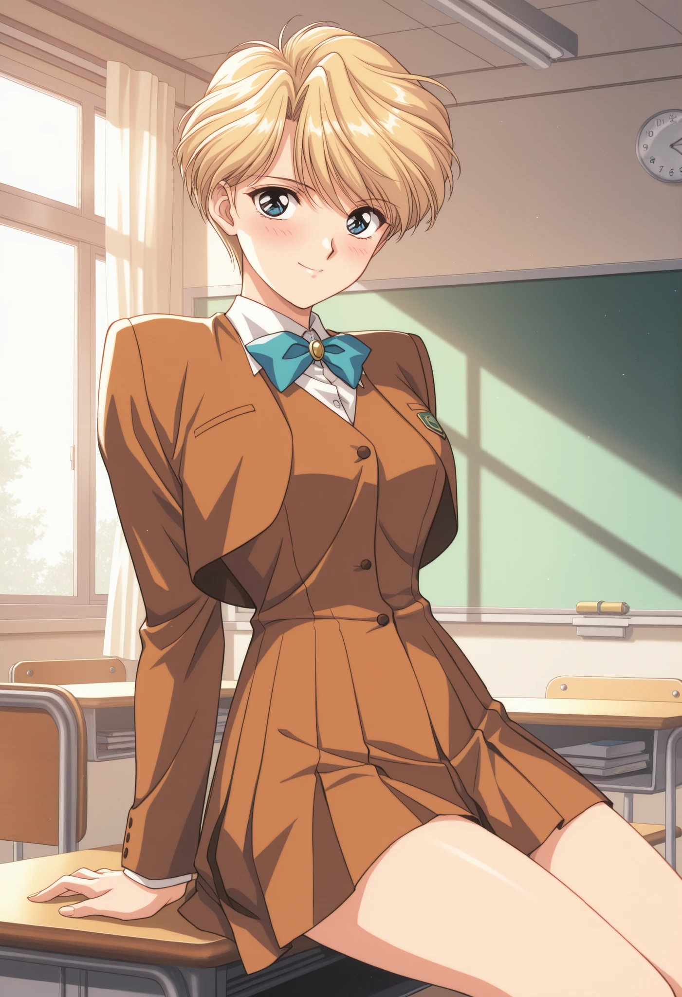 score_9, score_8_up , score_7_up , score_6_up , score_5_up , score_4_up ,Clip skip:2,,(1990s_\(style\):0.8),(retro_artstyle:0.8),(masterpiece:1.3),NSFW,solo, mature female,(extremely detailed CG unity 8k wallpaper),top quality , amazing quality, high resolution, Absurd, very aesthetic, high resolution, (ultra detail), perfect detail,(extremely detailed CG,highres icon,absurdres,4K),cowboy shot, best quality, source_anime,official art,perfect_anatomy,,yui hongo,1girl,blue eyes,blonde hair,short hair,very short hair,school uniform,ribbon,,looking_at_viewer,smile,day,classroom,美しい太腿,(sitting),blush,