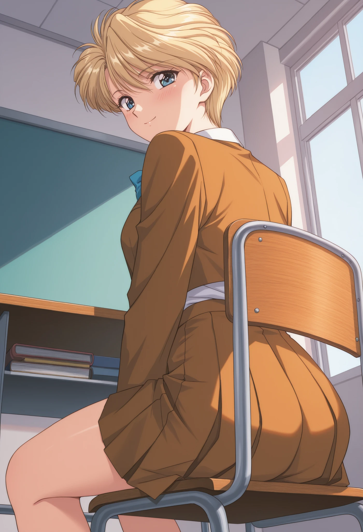 score_9, score_8_up , score_7_up , score_6_up , score_5_up , score_4_up ,Clip skip:2,,(1990s_\(style\):0.8),(retro_artstyle:0.8),(masterpiece:1.3),NSFW,solo, from behind,mature female,(extremely detailed CG unity 8k wallpaper),top quality , amazing quality, high resolution, Absurd, very aesthetic, high resolution, (ultra detail), perfect detail,(extremely detailed CG,highres icon,absurdres,4K),cowboy shot, best quality, source_anime,official art,perfect_anatomy,,yui hongo,1girl,blue eyes,blonde hair,short hair,very short hair,school uniform,ribbon,,looking_at_viewer,smile,day,classroom,美しい太腿,(sitting),blush,from below,