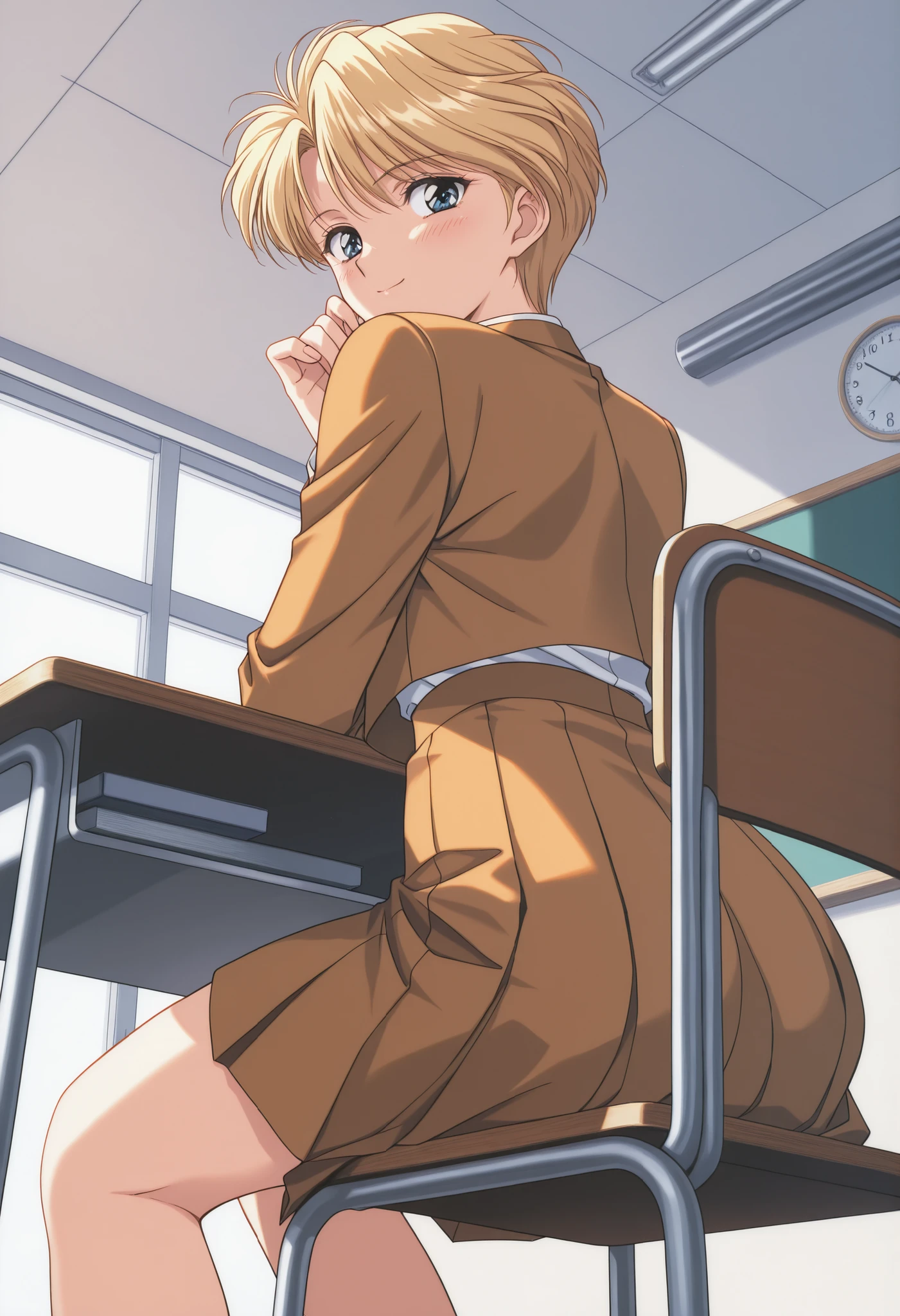 score_9, score_8_up , score_7_up , score_6_up , score_5_up , score_4_up ,Clip skip:2,,(1990s_\(style\):0.8),(retro_artstyle:0.8),(masterpiece:1.3),NSFW,solo, from behind,mature female,(extremely detailed CG unity 8k wallpaper),top quality , amazing quality, high resolution, Absurd, very aesthetic, high resolution, (ultra detail), perfect detail,(extremely detailed CG,highres icon,absurdres,4K),cowboy shot, best quality, source_anime,official art,perfect_anatomy,,yui hongo,1girl,blue eyes,blonde hair,short hair,very short hair,school uniform,ribbon,,looking_at_viewer,smile,day,classroom,美しい太腿,(sitting),blush,from below,