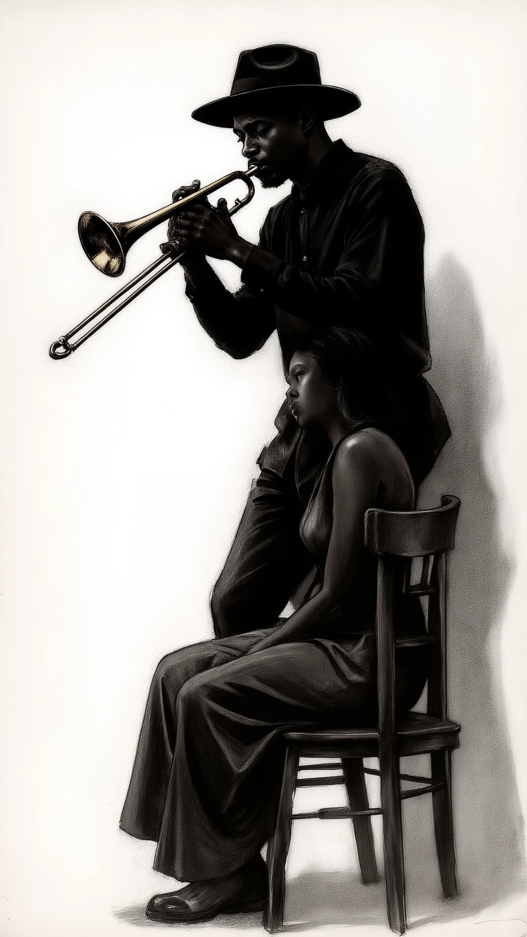 Charcoal Drawing,Minimal art,Vector Art,from back side,dynamic angle,dynamic pose,A color scheme using only black and white,A very simple Monochrome illustration with a vintage feel.black and white minimal art, A black man playing the trombone. Bending his knees, he stood passionately to perform,The man in his twenties wears a black wide-brimmed hat and a black long-sleeved collared shirt. His expression is focused on playing, eyes turned upward. He grips the trombone with both hands, the slide partially drawn out, capturing the moment of performance,A black woman wearing a dressクリックして適用します
slumped over, sitting casually on a simple wooden chair, The instrument glows, reflecting soft light,Slightly blurred outline, A Jamaican musician from the 1950s-1960s. A dramatic backdrop of light and shadow,The background is white and A design that makes uneasy, Dramatic chiaroscuro,Depressive Black