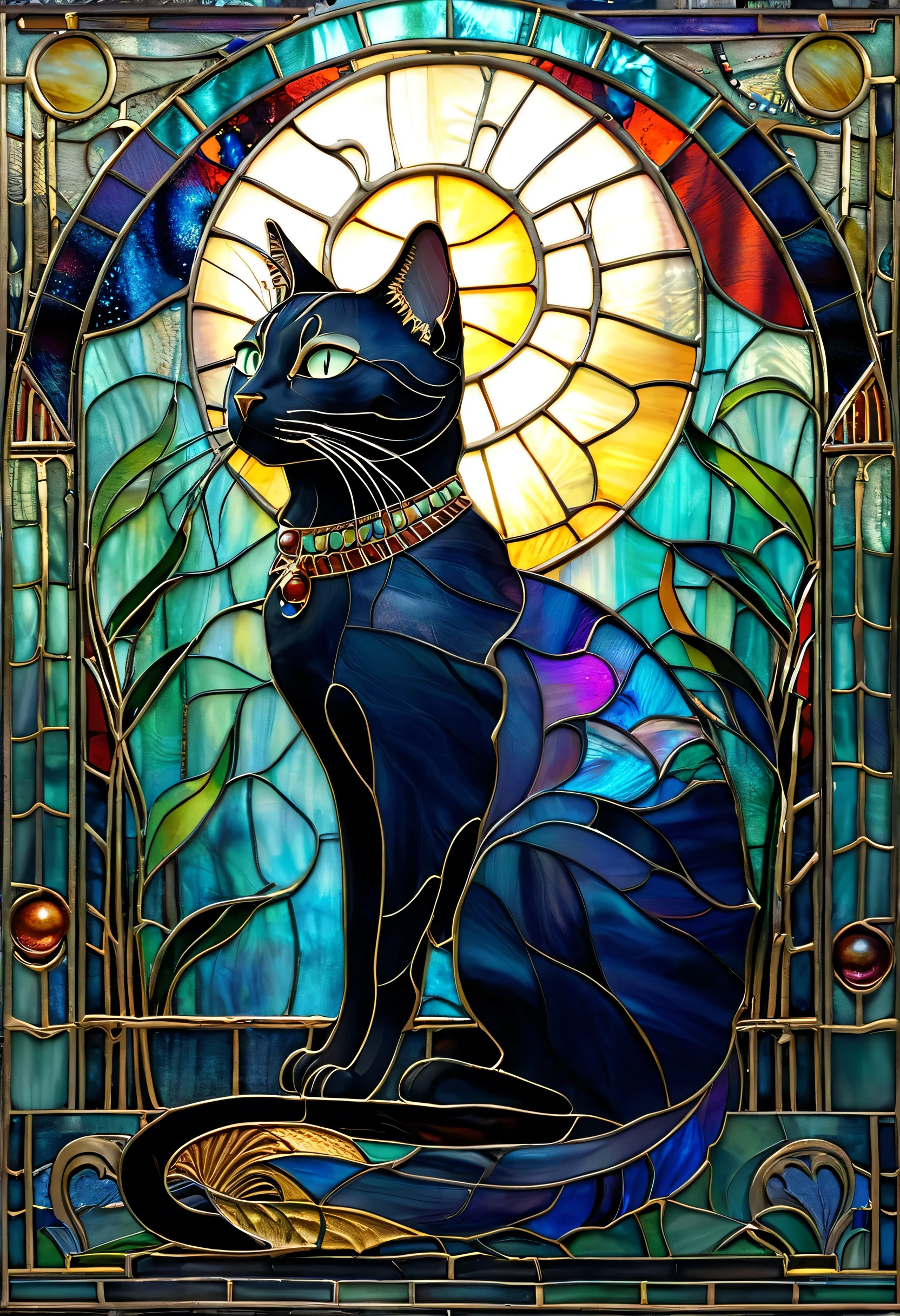 Ancient Egyptian Stained Glass,Black Cat,美Seems尻尾,Mysterious,Rin々Seems,multicolored background,4K,UHD,Ultra Fine Paintings,High Quality,Realistic,Realistic,Bokeh,photorealistic,fantasy,Obscure,Mysterious,fantastic,dark art,deep color,Embrace both luscious,delicate,elegant