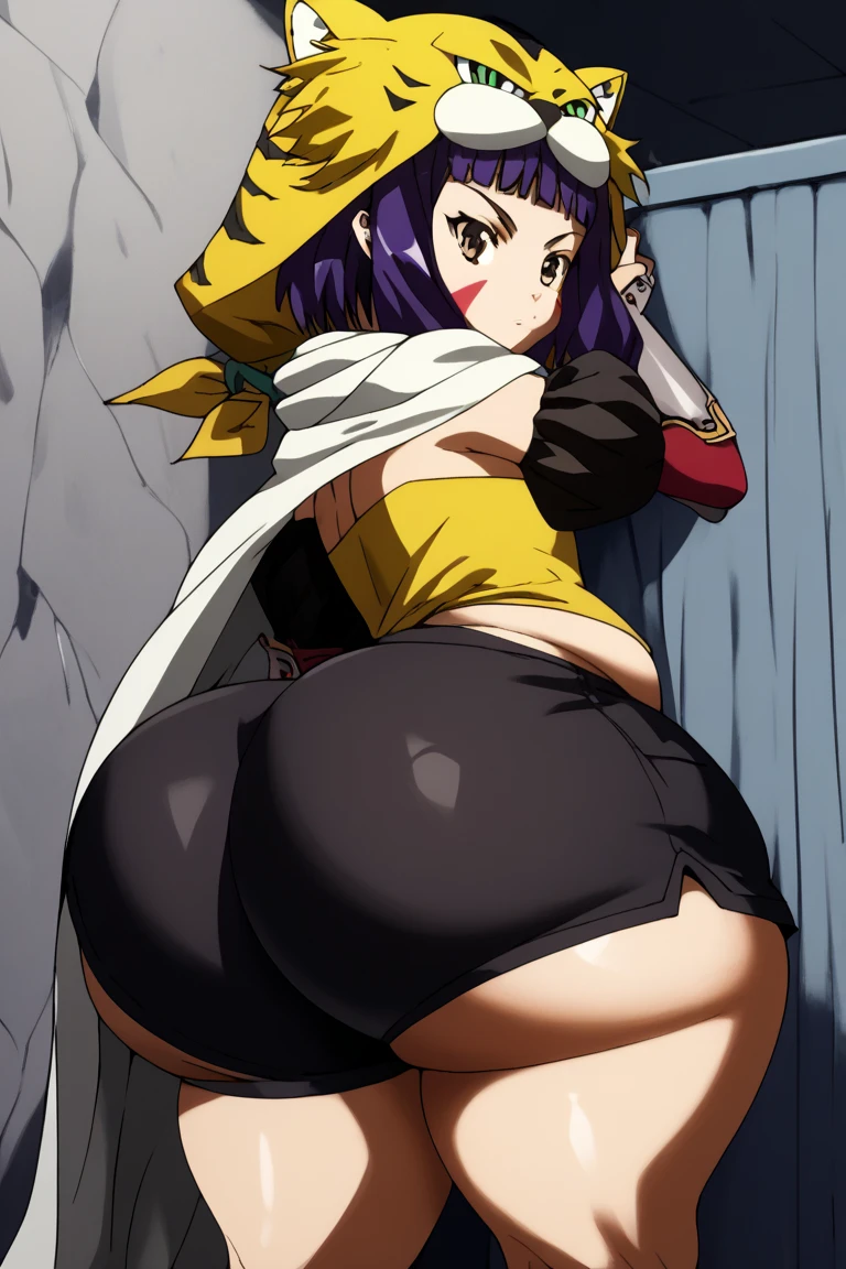 (Full Nelson ,  , 1male, 1female. ),  male and femalehaving )    SOL, SHORT HAIR, BLACK HAIR, GREEN EYES, DARK SKIN, , SPIKED HAIR, BANGS, shorts, white shorts, capelet, thighhighs, detached sleeves, crop top,    (white background, simple background, ),