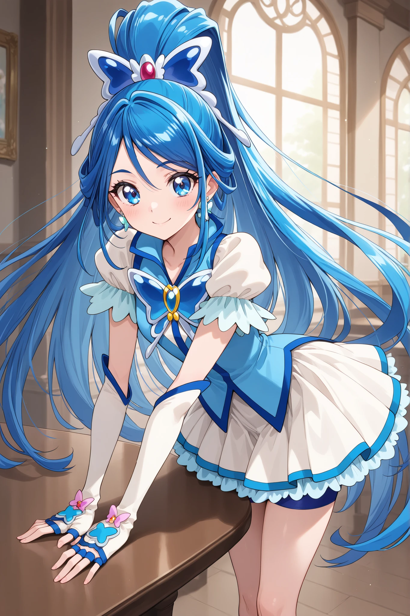 (masterpiece:1.3), (High Quality:1.3),1 girl: Cure Aqua,blue hair,animated screen capture of,long hair,blue eyes,earrings,white dress,blue vest,butterfly hair accessories,Butterfly Brooch ,white gloves with elbow pads,fingerless gloves,blue shorts,),is fine、Smile Yang、growing 、full of personality、Cute Smiles