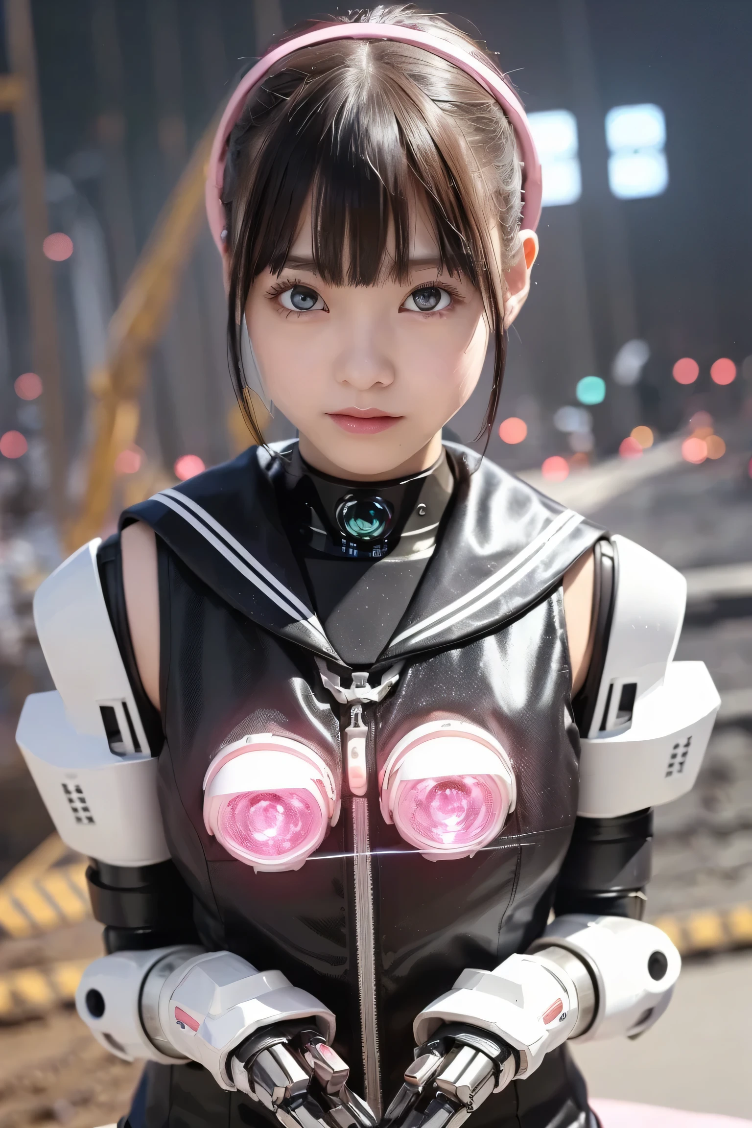 （Portrait with a sad expression）、(Highest Quality, And high-precision, masterpiece:1.2), （China Dress Robot）、（robot under construction with a scoop:1.6）、wearing a cyber helmet、detail, Realistic:1.37,( Perfect Anatomy That Broke the Bar)、robot remake of a female high school student's sailor suit, Idle robot、sailor suit style robot , Polymer sailor suit、黒い髪, metal necklace ,metal hair accessory, sailor cyber costume 、 ( Futuristic sparkly pink and white  ,cyborg suit like a pink sailor suit .:1.3),( Precise electronic circuits inside the robot :1.43),beautiful idol woman 、stares intently at viewers、(fusion of sailor suit and cyber suit:1.1),large ribbon on the chest,(セクシーなIdle robot :1.1),big eyes,(glowing eyes:1.3),beautiful skin,Smile Yang、 short hair 、Beautiful Lips、Metal accessories, big eyes,black short hair、(The background is a road construction site at night:1.6)、The light is scattered