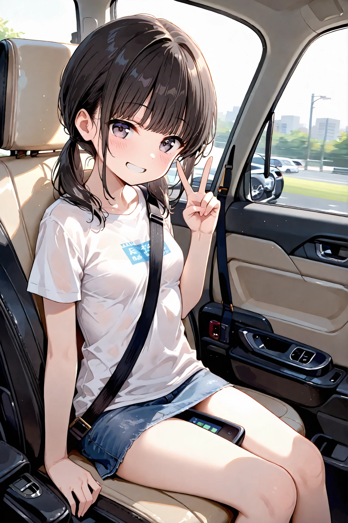 masterpiece,score_9, score_8_up, score_7_up, source_anime,dutch angle, absurdres,1girl, solo,loli,black hair, bangs,low twintails,small breasts,(shirt,mini skirt:1.3),grin,car interior,car seat,(passenger seat),sitting,seatbelt,seatbelt between breasts,looking at viewer,side view,