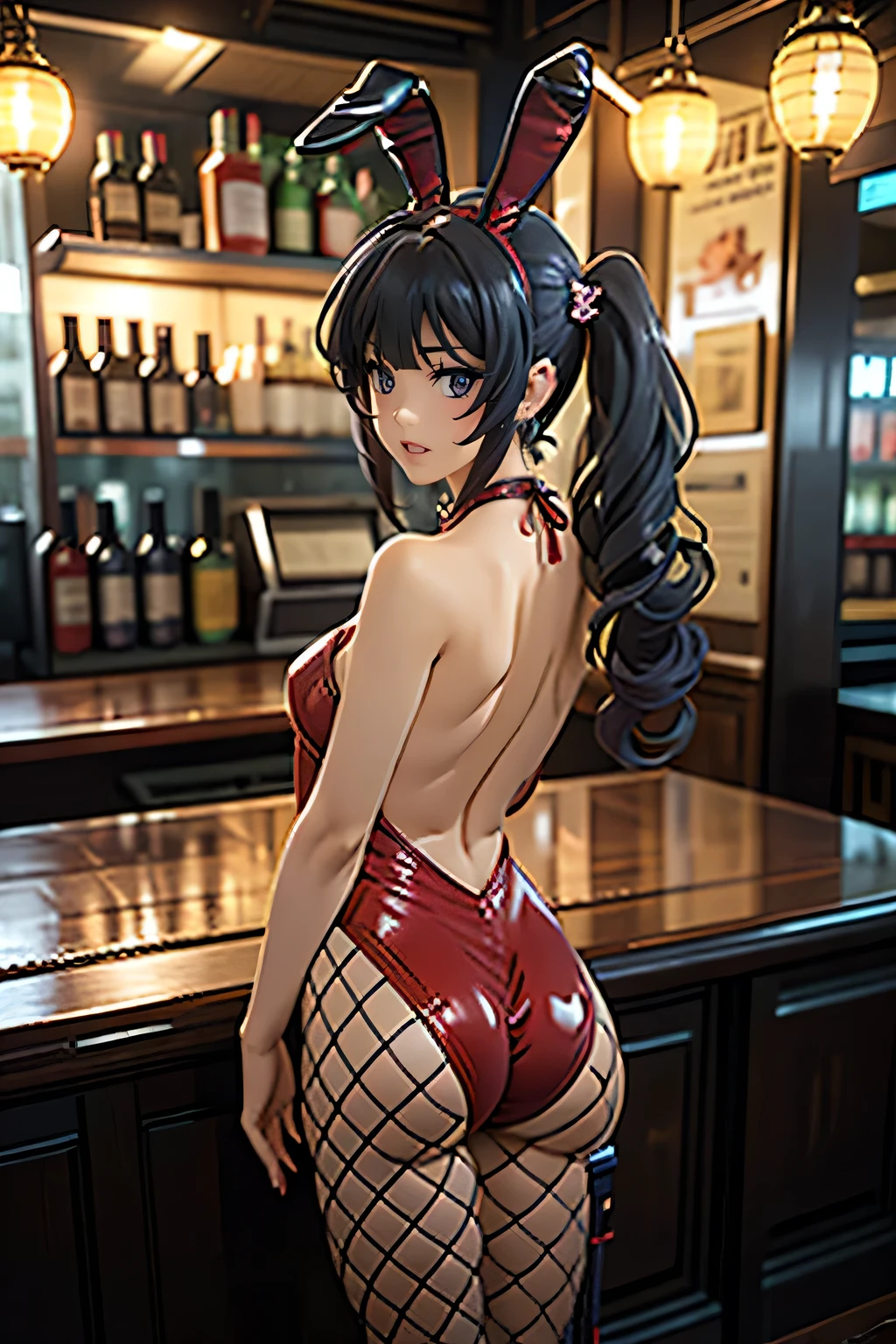 Turning around, (Sexy back pose, leaning forward), ((From behind)), Gaze, Center of image, Eft_bunny_mai, Rabbit, Black hair, Bunny tail, Bunny ears, Fake ears, Large group of customers, Bunny girl, (Fishnet stockings: 1.5), (Waitress: 1.3), Earrings, Long hair, Ponytail, Green eyes, Twin tails, Parted hair, Thick eyebrows, Bar, Glass in hand, ● Art Style: (Display figure: 0.8, 3D figure (3D rendering: 0.8, Unreal Engine 1.35), 3D figure doll: 1.0)
● Lighting: (Natural light)
● Composition: (Full body)
● Composition shot: (Front)
● Background: (Bar, large group of customers inside)
● Main content: (Only daughter, Young woman, Japanese adult woman, Age: 20, Adult woman)
● Face: (Expression: (Mischievous smile)), (Eyes: (Beautiful, Slender, Cute, Slanted Eyes))
●Eyes: ●Slanted Eyes, ●Blue Eyelashes (Blue Eyelashes), ●Black Hair (Mouth: (Red Lipstick, Dark Lipstick), Lips, Lipstick, Open Mouth (Lipstick, Short Hairstyle) ●Hairstyle: (Stylish, Medium) ●Body Type: (Slim, Medium Bust, Soft Skin) ●Body Type: (Slim, Medium Bust, Soft Skin)
●Outfit: (Bunny Girl Outfit, Earrings, Necklace, Fishnet Stockings, Bunny Ears, Fluffy Tail)
Accessories: (Collar, Handcuffs, Earrings, Necklace, O-Ring Thigh Strap)
Pose: (Turning Around, Walking, Holding a Mug, Serving, Serving Customers)