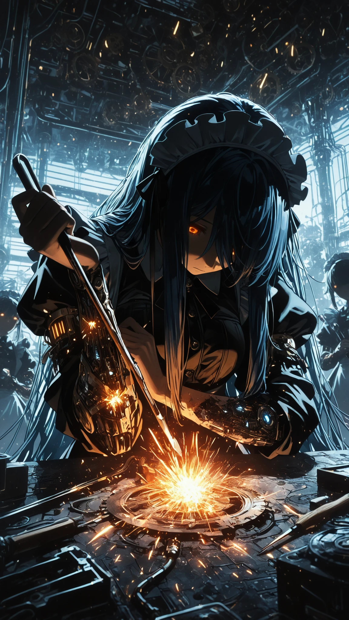 (masterpiece:1.2, Best Quality), C7b3rp0nkStyle, ((very long bangs, hidden face, face hidden by hair)), head tilt, looking up, beautiful face, long sidelocks framing face, long swept bangs, dark blue hair, messy hair, braid, orange eyes, glowing eyes, ((holding tools, sparks)) ((repairing own arm, looking down, placing tool against arm)), futuristic, factory, delicate mechanical features, exposed circuitry, damaged gears scattered, expressionless, intricate steampunk details, maid outfit, frilly headdress, mechanical parts clockwork scattered ground, watercolor and ink, rough texture, sketchy outlines, organic lines, hatching and cross-hatching, paper texture, analog art style with visible brush strokes and line work.