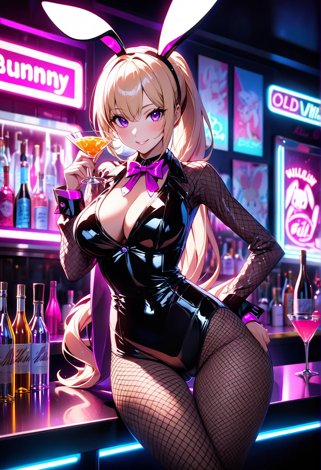 (masutepiece: 1.3), (max resolution: 1.2), (Ultra HDTV: 1.2), cinema lite, Ultra HDTV, (Detailed eyes and skin), (detailed facial features), 8K resolution, Sharp Focus: 1.2, Perfect Style, Beautiful Face, accurate, Anatomically correct, Highly detailed face and skin texture, Detailed eyes, Dark-blue eyes, Double eyelids, Thin eyebrows, (dropped eyes:0.65), (Glitter Eyeliner:1.2), Natural cheeks, Glossy skin, (Fair skin:1.2), shiny necklace and earrings, (Glossy lips: 1.4), BREAK, absurderes, One-person viewpoint, (They are Very Cute female bar hostess), (While Wearing a String micro ?????? of White:1.3), BREAK, (wear a blazer:1.3), BREAK, (pleated super mini skirt of Red:1.2), ((showing a little string panties:1.2)), (high heels), BREAK, (shy smile:1.2), ((18 years old, Very Cute and neat many girls:1.3)), (high-ponytail hairstyle, Wavy Hair), (Blond or Brown hair:1.2), Medium Long Hair, (Cowboy shot: 1.2), Focus on Face, medium ?????????????, ((business card onto ???????:1.6)), (( inside the bar counter)), ((In the ?????? Bar at night:1.4)), ((((Pink neon lights, Blue neon lights, dimly lit store, black lights)))),