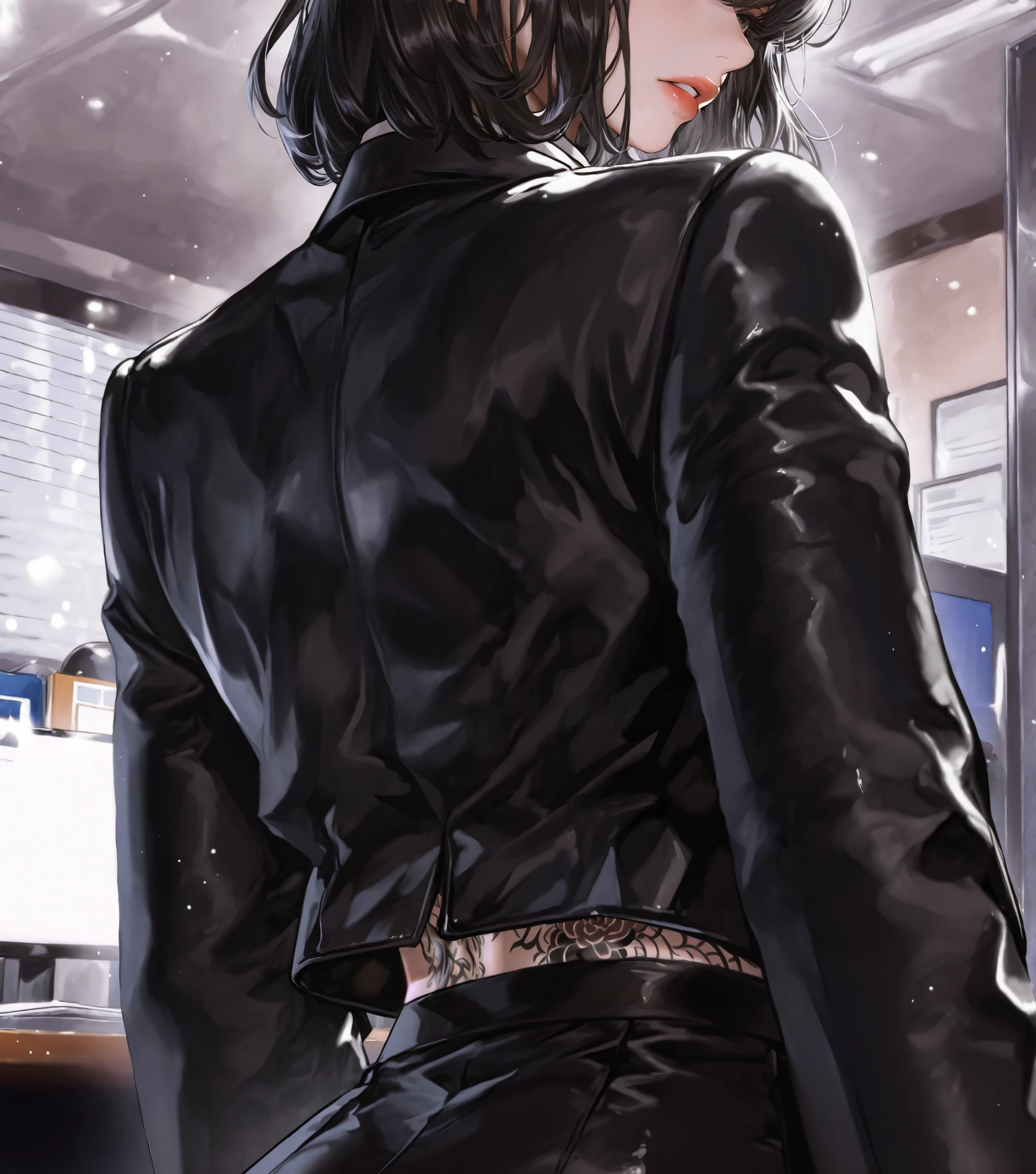 ((Masterpiece)), solo, beautiful adult woman, han sooyoung, office, Bussines black suit, black skirt, whole body tattoo, short hair, gray eyes