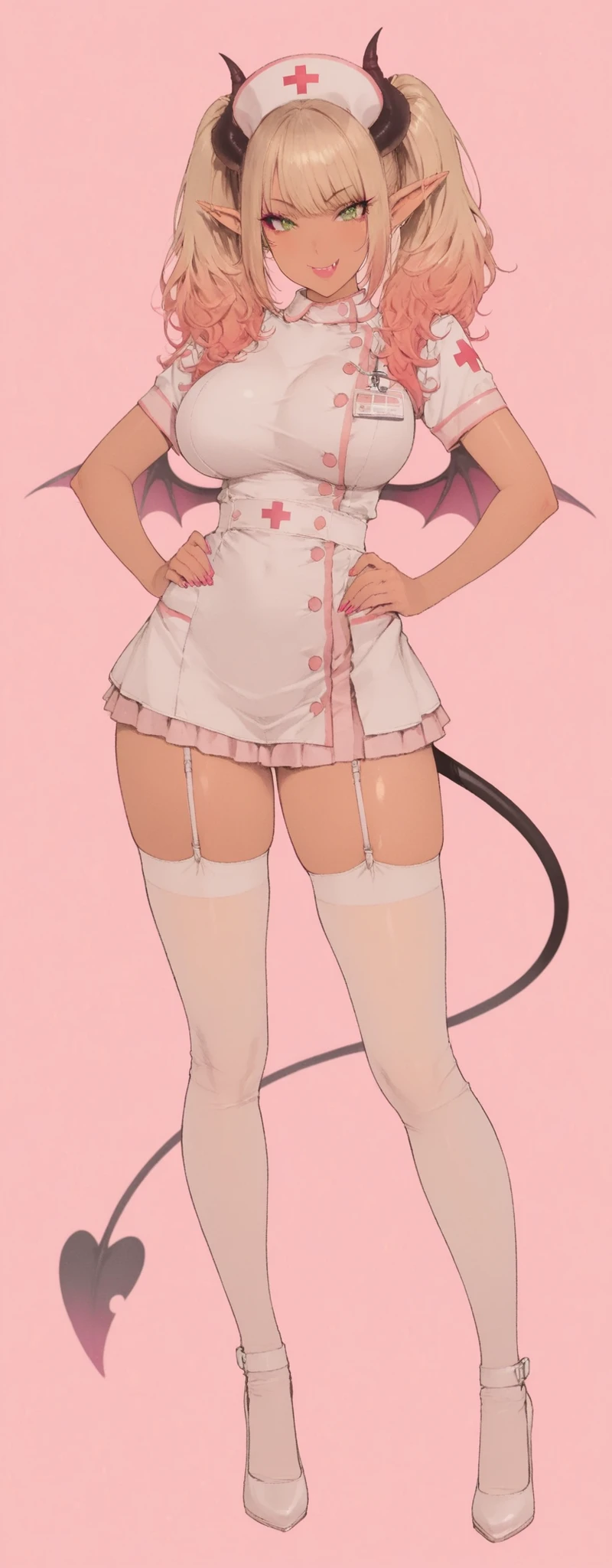 
masterpiece, best quality, high res, perfect lighting, absurdres,1girl,, (full body image), (),(large breast),( ) ,gyaru nurse with vibrant pink background, long dyed reddish-brown hair with blonde highlights styled in trendy twin tails, pointed elf ears,black very small devil horns on head, bright green eyes with dramatic false eyelashes and winged eyeliner, flirtatious fanged smile with glossy lipstick, wearing modified White base with pink parts nurse clothes with skirt and thigh highs , high heels,fashionable bat wings on back, devil's tail,tanned skin typical of gyaru fashion,(hands on hips), kogal fashion elements mixed with fantasy features,,,HDR,