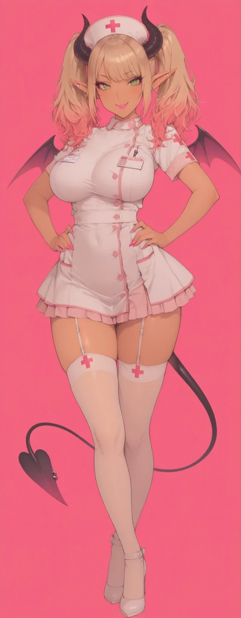
masterpiece, best quality, high res, perfect lighting, absurdres,1girl,, (full body image), (),(large breast),( ) ,gyaru nurse with vibrant pink background, long dyed reddish-brown hair with blonde highlights styled in trendy twin tails, pointed elf ears,black very small devil horns on head, bright green eyes with dramatic false eyelashes and winged eyeliner, flirtatious fanged smile with glossy lipstick, wearing modified White base with pink parts nurse clothes with skirt and thigh highs , high heels,fashionable bat wings on back, devil's tail,tanned skin typical of gyaru fashion,(hands on hips), kogal fashion elements mixed with fantasy features,,,HDR,