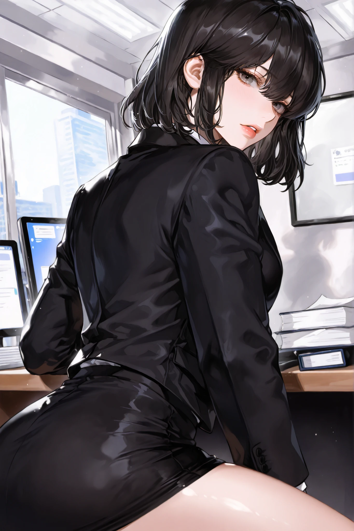 ((Masterpiece)), solo, beautiful adult woman, han sooyoung, office, business female black suit, black skirt, short hair, gray eyes, sensual pose