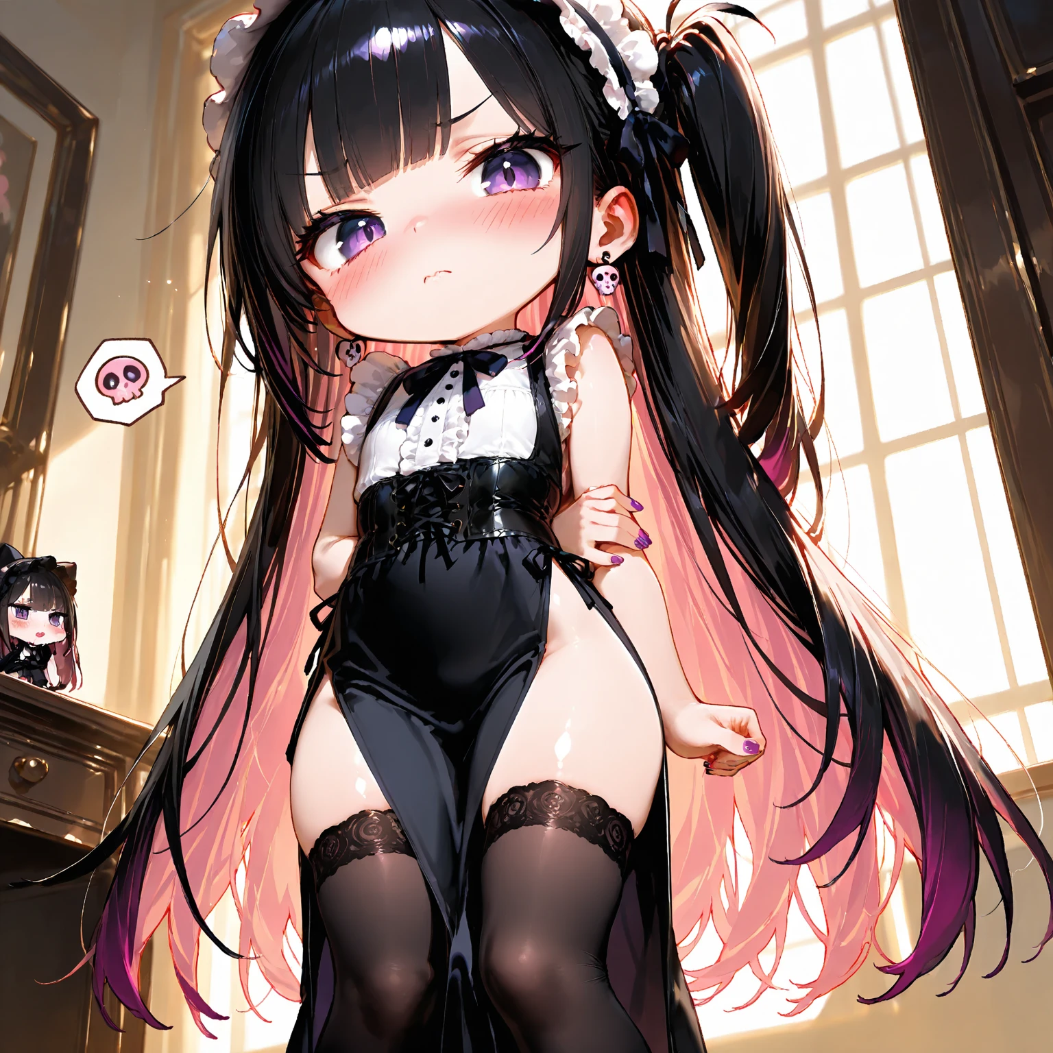 (best aesthetic,best quality,ultra high res,insanely detailed,exquisite,absolutely resolution,explicit,extremely detailed CG),BREAK,(((perfect anatomy,perfect proportion,artstation female body))),BREAK,(detailed beautiful jewely catchlight gradient slant eyes),ligne claire,gleaming skin,super detailed skin,BREAK,nsfw,horny presenting,fall into pleasure,orgasm,looking at viewer,BREAK,(beautiful toddler gal,loli),prostitute,BREAK,small baby face,childish and super cute,((((blush)))),BREAK,Bishojo,ultra cute,Kawaii,BREAK,low body size,short stature,slender,BREAK,(((((jirai kei,yamikawa kei))))),BREAK,(black and purple ((streaked hair))),(((((double bun long twintails hair))))),BREAK,((shiny glossy metaric beautiful hair,gradient hair)),BREAK,((medium breasts)),((puffy nipples,erectile nipples,long nipples,huge areolas,bare breasts)),BREAK,((gothiclolita),negligee,See-through),BREAK,(frilled polka dot thigh high knee socks:1.4),zettai ryouiki,high heels,No panties,BREAK,lift up skirt,love hotel,(on the bed),evening,(sweet pussy,show off :1.3),(dripping :1.3)