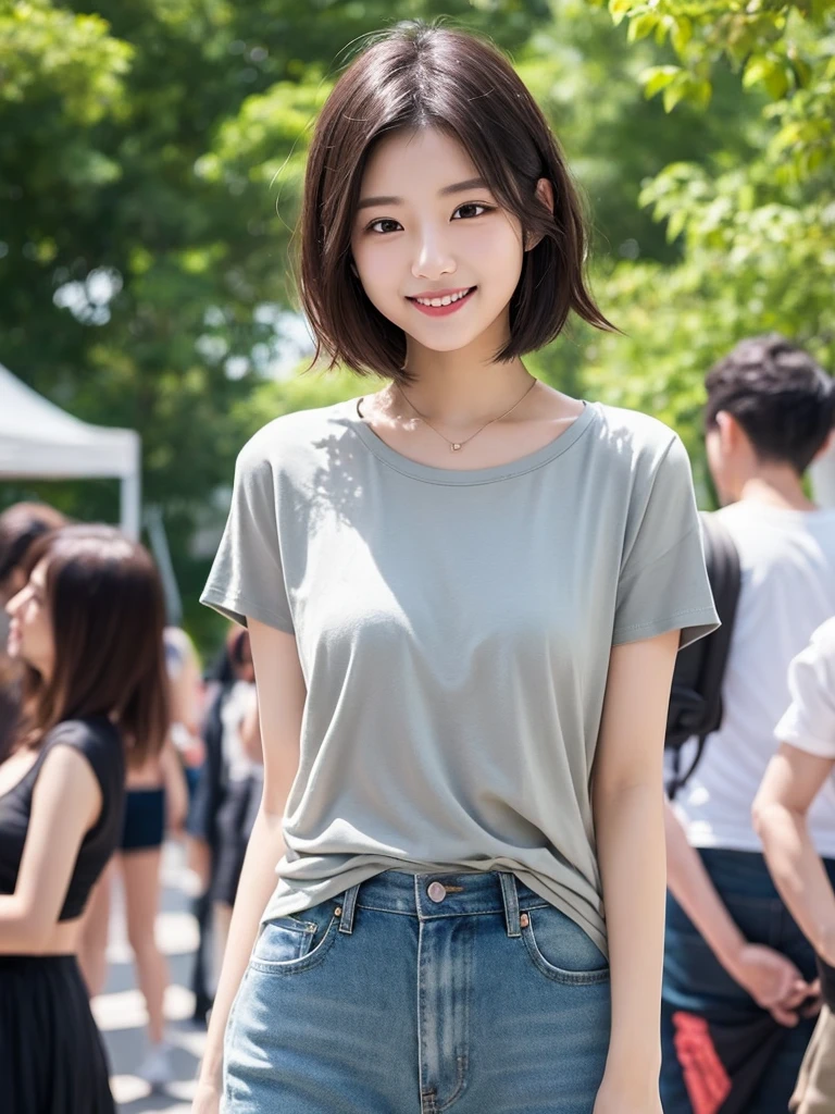 (8KHigh resolution), (highest quality), (RAW Image Quality),(Tabletop:1.2), (Realistic), (Realistic:1.37), Long eyelashes,Exquisite（Live-action Realistic style）,((Cowboy Shot:1.4))、((Shot in the back:1.4))、The ultimate face,Realistic light and shadow,Distinctive  features,Milky skin,Fair skin, Skin with attention to detail,Realistic skin details,Visible pores,（Very detailed）,((Short hair girl:1.4))、(Flowing Hair）,Take the best portraits,Close-range shooting,Very detailed, One Girl, cute,Beautiful and beautiful eyes, Beautiful and sophisticated nose, Very detailedな肌、(eye contact),(Medium sized chest)、((Medium Breasts:1.4))、(Beautiful face with double eyelids),((Full body image)), (realism: 1.4),High resolution, Great details, ultra High resolution, ((Give your audience your best smile:1.4))、Favorite Details, High condensation,Delicate and beautiful face,,18-year-old,(Beautiful Face 1.4),thin, ((White short sleeveＴshirt:1.4))、(A denim  that accentuates your thighs:1.7)、((Photo taken on the sidewalk:1.4))、carrying a pink handbag、