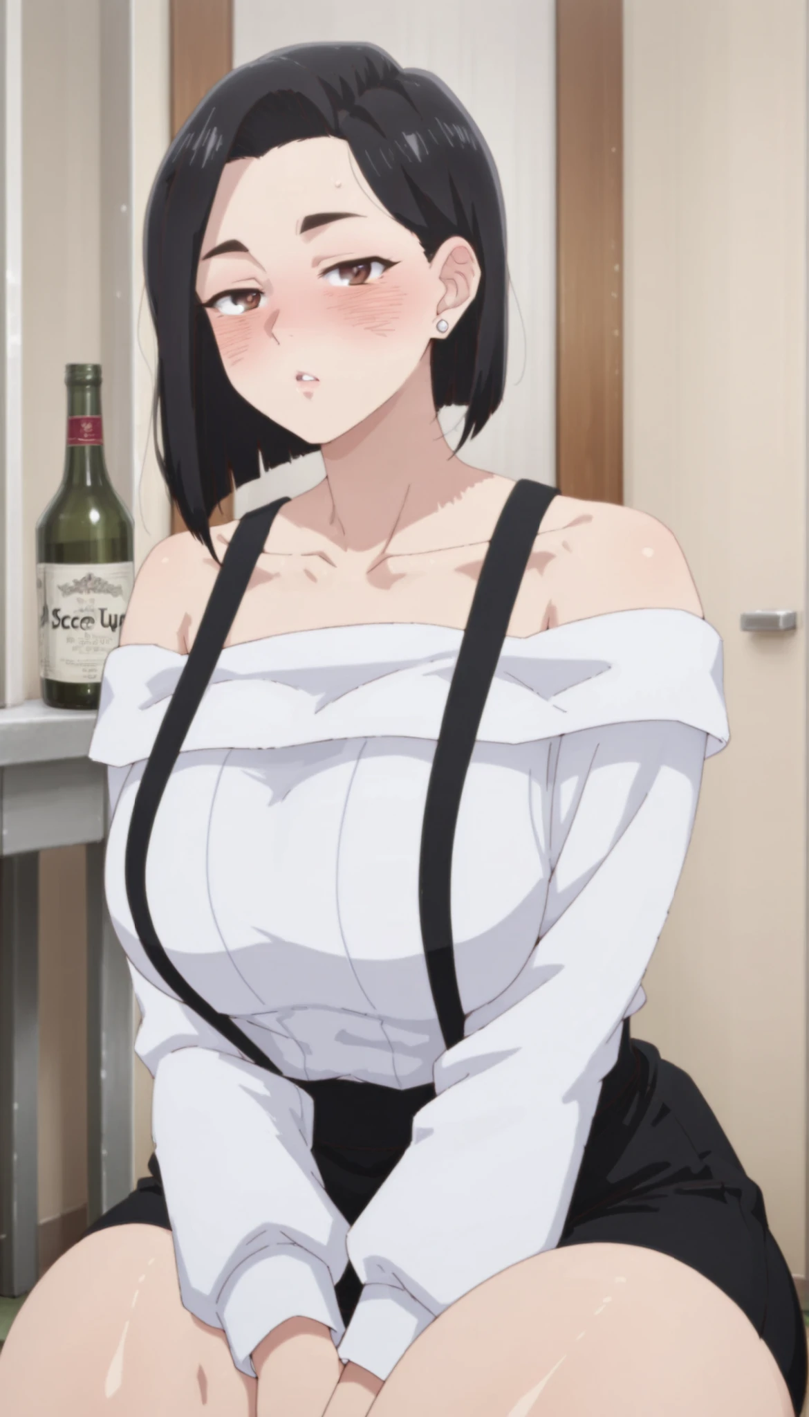 score_9, score_8_up, score_7_up, source_anime,
sanaeyamada, 
sanae yamada, short hair, black hair, brown eyes,
skirt, shirt, long sleeves,  shoulders, jewelry, collarbone, white shirt, earrings, black skirt, off shoulder, suspenders, off-shoulder shirt, suspender skirt, , thick muscular thighs, wide curvy , voluptuous body, Curvy body, thicc woman, indoors, blush, drunk,looking at viewer, solo, in squats position, from view