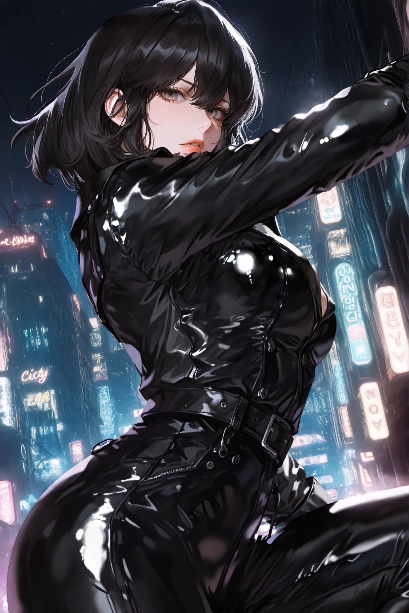 ((masterpiece)), Alone, beautiful adult woman, Han Sooyoung, Neon City at Night, Matrix Style Black Leather Suit, black trench coat, short hair, black hair, gray eyes, dynamic pose, epic pose, Pose sensual.