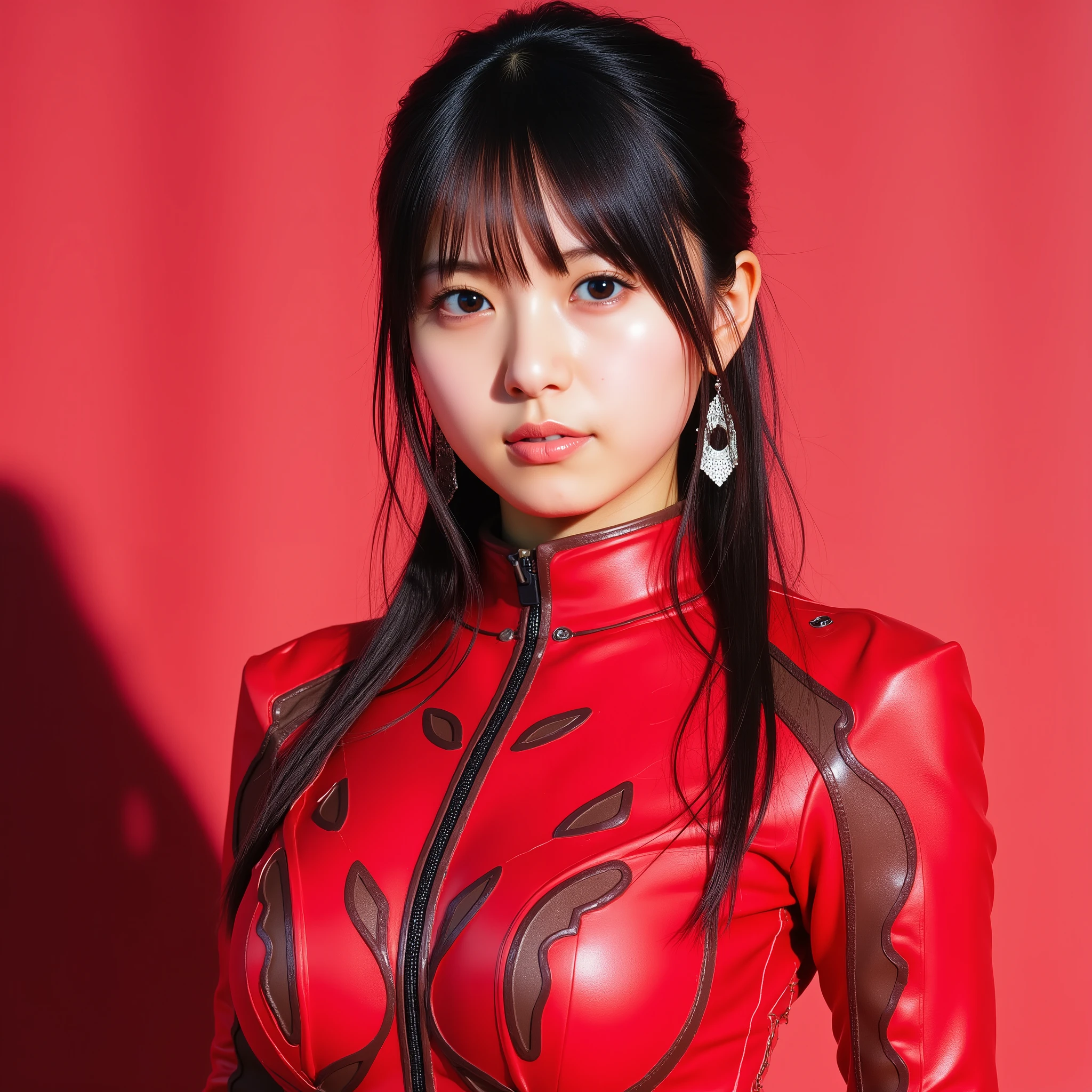 ,Highest Quality, high resolution, (photorealistic), Top Japanese Idol who cosplayed Asuka, her uniform is torn, Photorealistic photo,realistic, fluxasuka, Dye Her Scenes Red and Gold, This Is at the End of the World、Confronting the End of the World, Plugsuit Neo Genesis Evangelion, full body shots on left and right, wide angle,