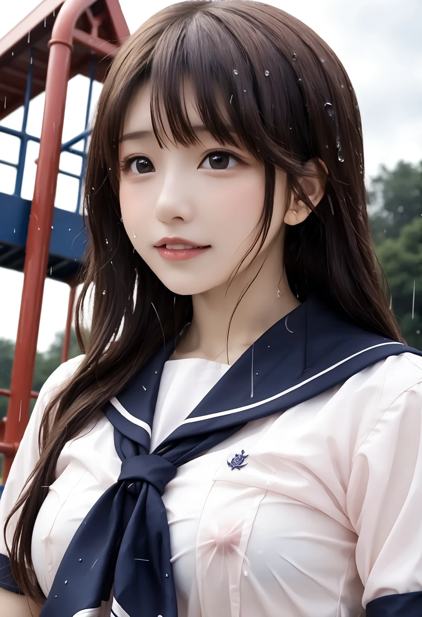 Highest Quality 、high quality 、 最High Precision、High Precision、8K Quality、high image quality 、Highest Quality、 masterpiece 、immersive video、 very realistic image 、Realistic Paintings、 perfect detail 、 High Contrast 、High Fidelity、 perfect and unblurry pictures、close to reality、 images with lots of detail、 Detailed and realistic weapons 、 exquisite and realistic human skin 、 realistic face in every detail、 realistic eyes with attention to detail 、 Realistic Lips Drawn in Details 、 detailed and real teeth、Real ears、 Realistic Hair 、erectile nipples、Mansuji、((Japanese model))､((gravure idol))、((Young face))、((Dark Haired))、((medium rounded ))、(( Stylish Body ))、(((Drenched and wet skin all over  )))、Detailed and Realistic Human Body、Realistic skin with attention to detail、Detailed realistic face、detailed realistic arms、Detailed and realistic fingers、realistic legs down to the smallest detail、Detailed Realistic  、((暗い cold stormy weather))、((Heavy Rain))、((heavy rain))、((School Playground))、sailor suit next to the eye、sailor skirt、Japanese School Uniform、((Heavy Rainの中(Girl standing in the middle of the schoolyard))、((You can see through when wet (クロップトップsailor suit next to the eye、ミニsailor skirt))、((( white panties visible between thighs,Her panties are see-through in the rain)))、((troubled face、blush、cowgirl))、((Heavy Rainを浴びて( Wet Skin from Head to Feet ))、((Rainwater dripping from her skin))、((The body lines are clearly visible even through the uniform.(the uniform is wet and sticks to her skin.))、((Rainwater dripping from the uniform))、Angle from Below