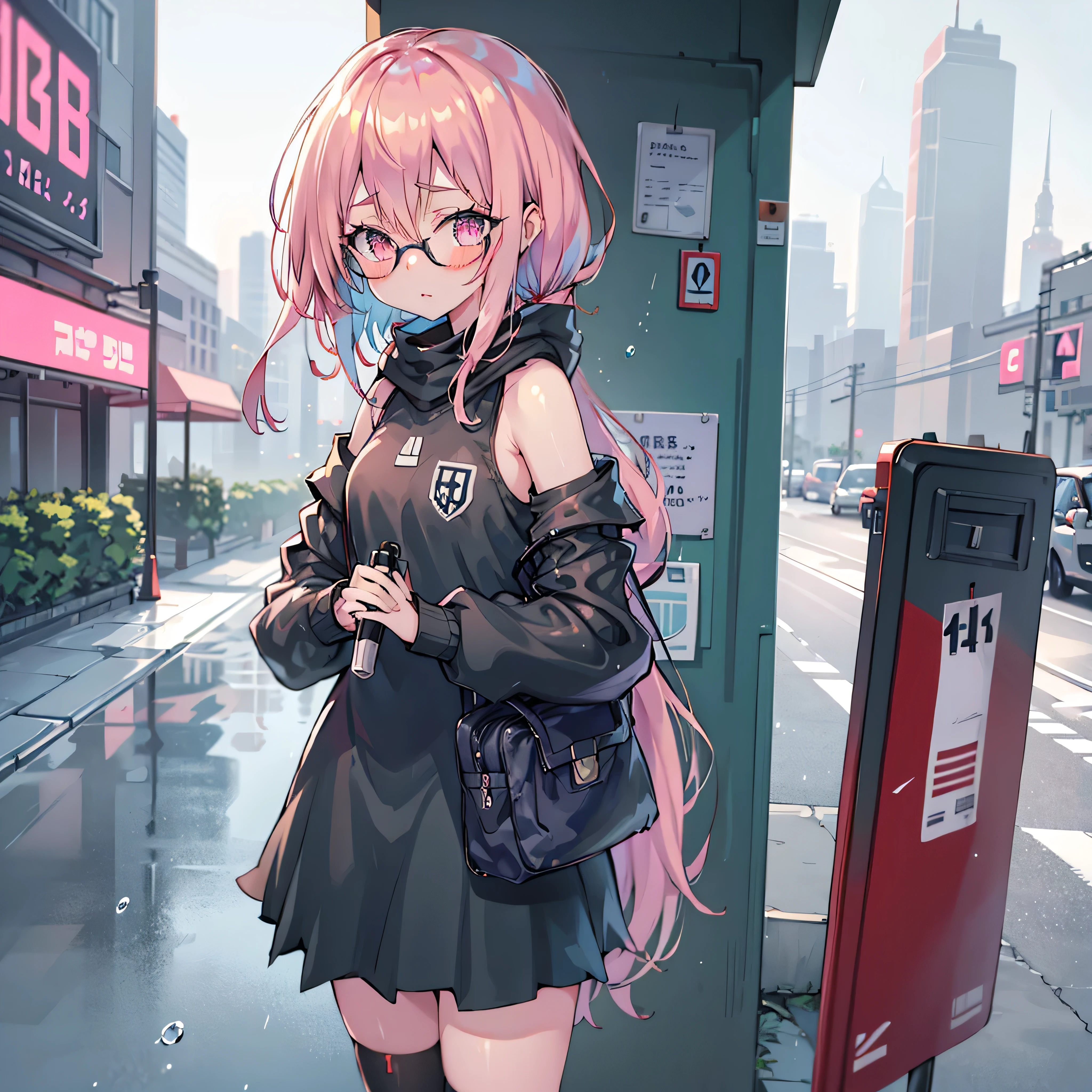 Anime girl with pink hair and glasses in the rain, oppai cyberpunk, cyberpunk anime girl in hoodie, Cool Anime 8K , cyberpunk anime girl 4K konachan, cyberpunk anime art, cyberpunk anime girl , cyberpunk anime art, female cyberpunk anime girl , {{x}}, digital cyberpunk anime art, 4k anime style, Modern Cyberpunk Anime, 4k anime wallpaper