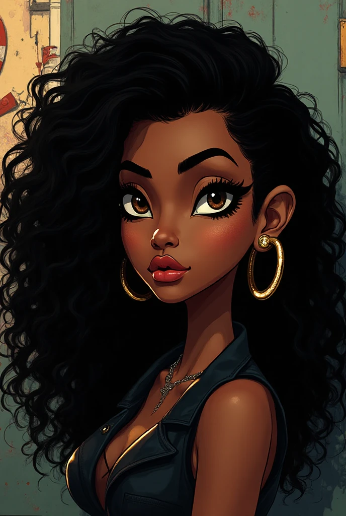 Female character in the artistic style of the band Gorillaz, long curly ...
