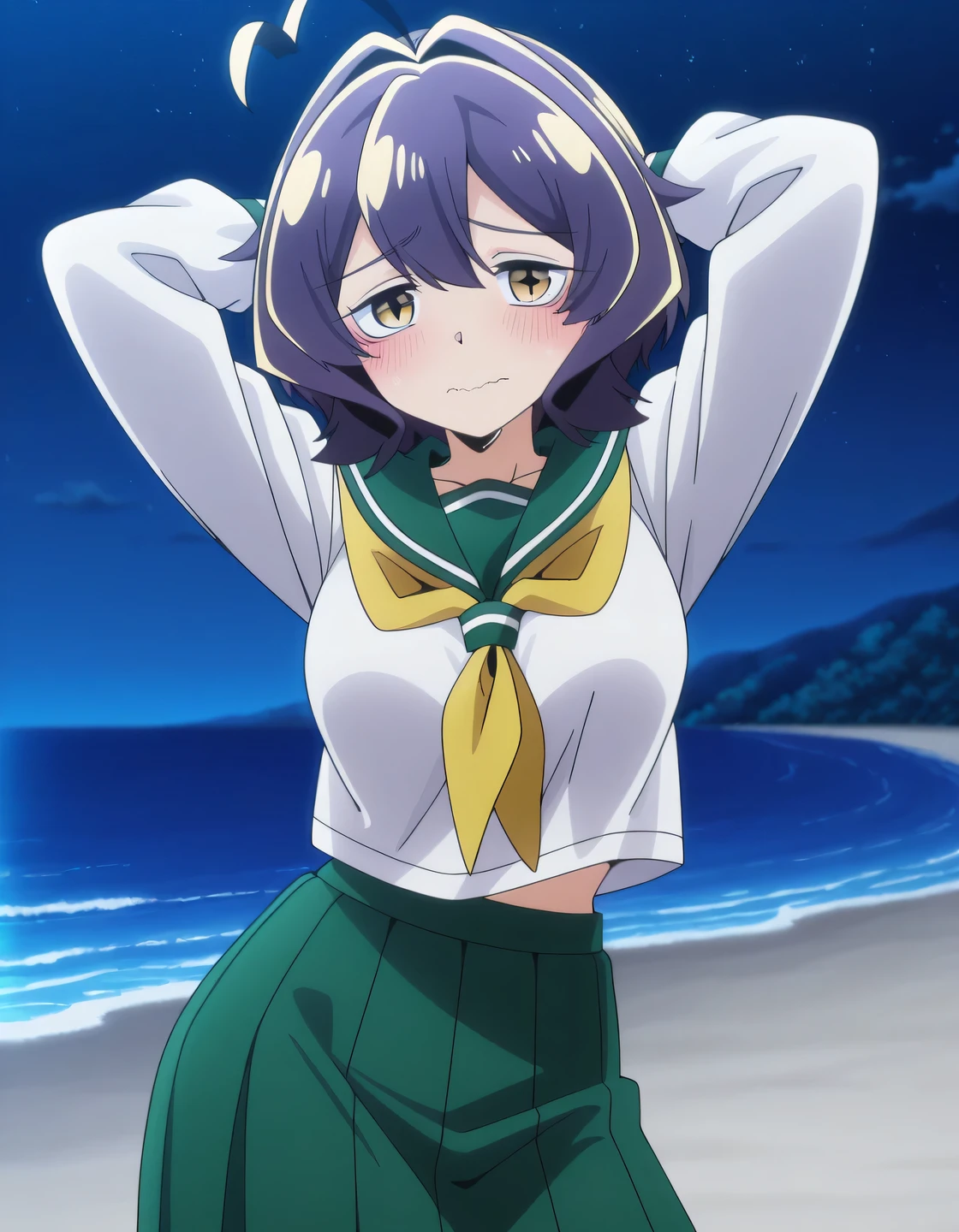 EBBaiser, medium breasts, purple hair, ahoge, bangs, short hair, yellow eyes,
white shirt, green sailor collar, green pleated long skirt, long sleeves, yellow neckerchief, school uniform, serafuku, anime screencap, shiny skin, solo, night sky, beach, hands behind head, ((contrapposto)), closed mouth, cowboy shot, looking at viewer, wavy mouth, blush, shy, best quality