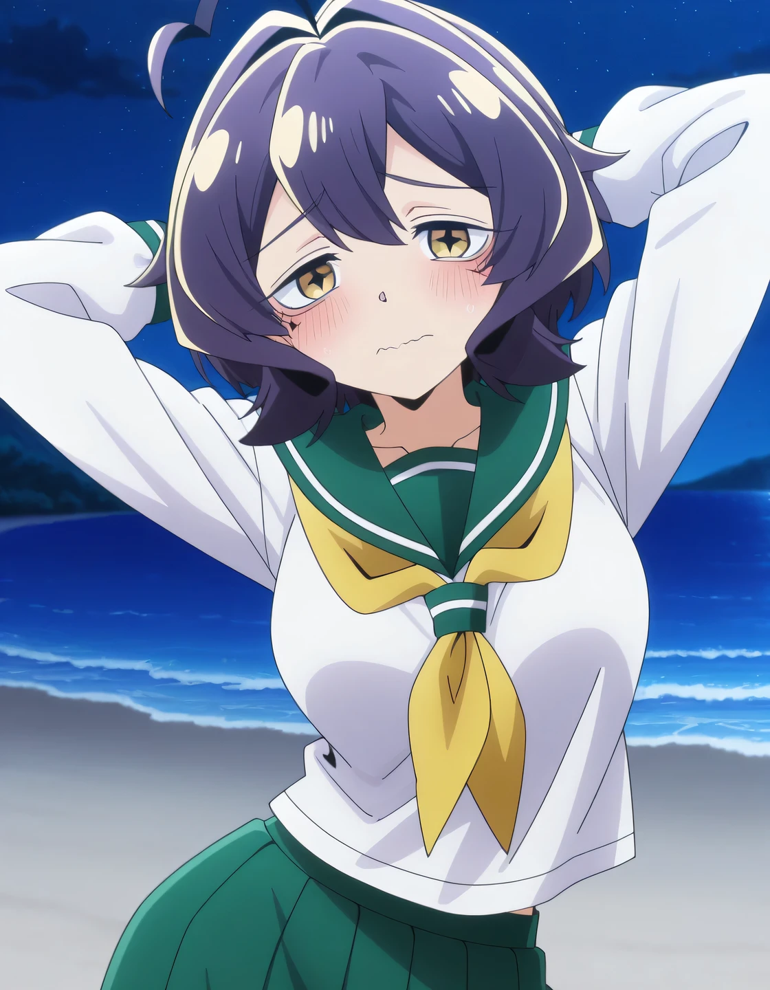 EBBaiser, medium breasts, purple hair, ahoge, bangs, short hair, yellow eyes,
white shirt, green sailor collar, green pleated long skirt, long sleeves, yellow neckerchief, school uniform, serafuku, anime screencap, shiny skin, solo, night sky, beach, hands behind head, ((contrapposto)), closed mouth, cowboy shot, looking at viewer, wavy mouth, blush, shy, best quality