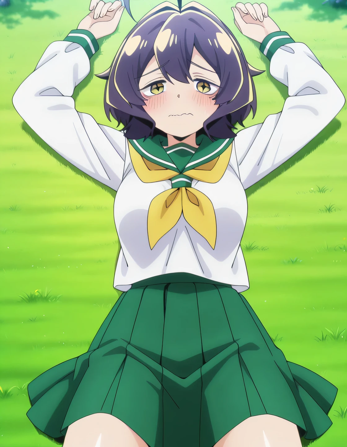 EBBaiser, medium breasts, purple hair, ahoge, bangs, short hair, yellow eyes,
white shirt, green sailor collar, green pleated long skirt, long sleeves, yellow neckerchief, school uniform, serafuku, anime screencap, shiny skin, high quality, solo, lying, on back, arms up, legs apart, closed mouth, on grass, cowboy shot, looking at viewer, wavy mouth, blush, shy, best quality