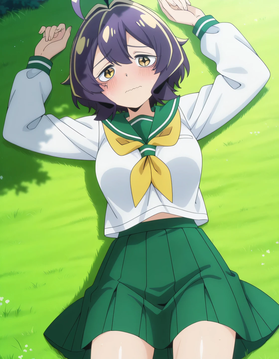 EBBaiser, medium breasts, purple hair, ahoge, bangs, short hair, yellow eyes,
white shirt, green sailor collar, green pleated long skirt, long sleeves, yellow neckerchief, school uniform, serafuku, anime screencap, shiny skin, high quality, solo, lying, on back, arms up, legs apart, closed mouth, on grass, cowboy shot, looking at viewer, wavy mouth, blush, shy, best quality