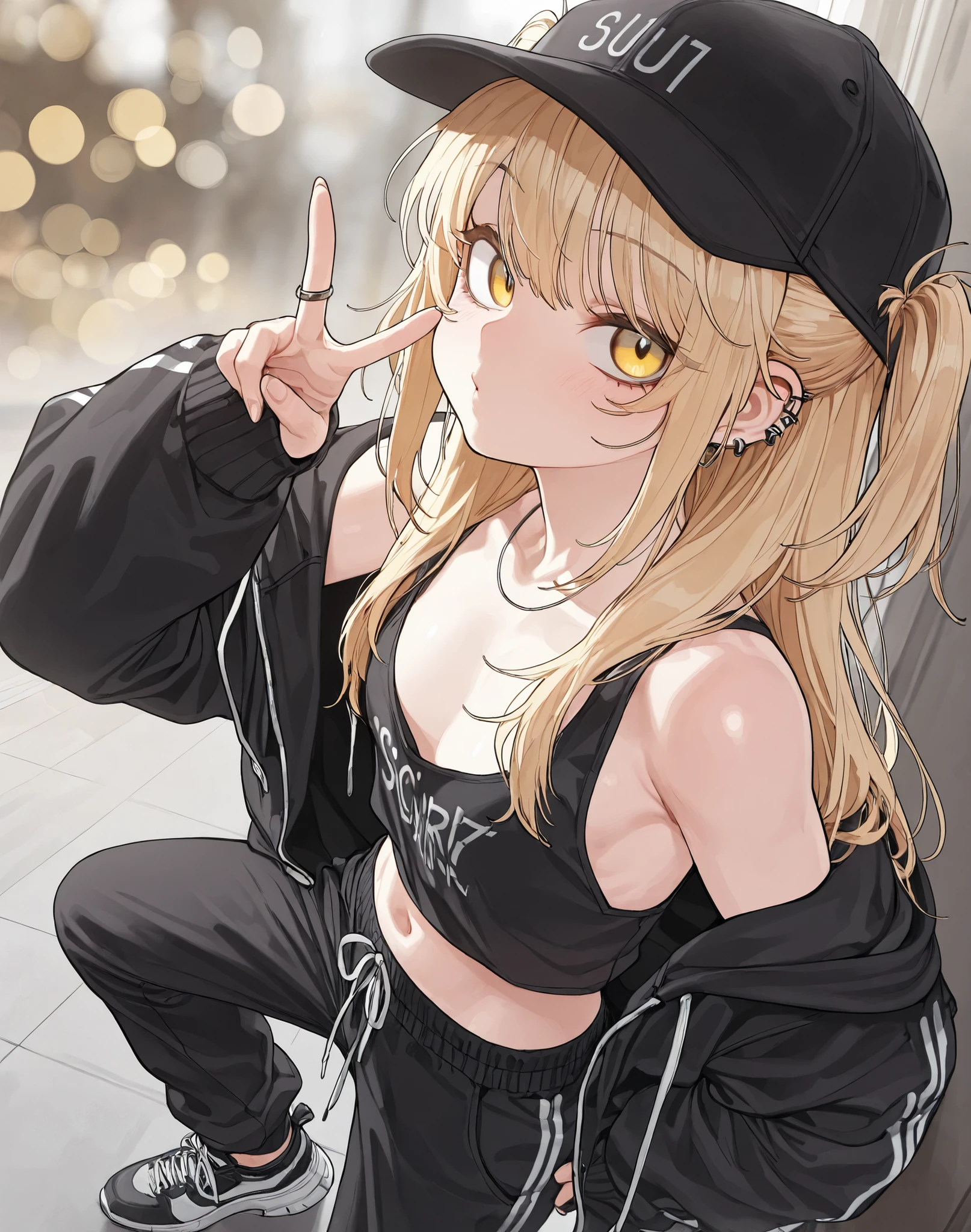 Masterpiece, best quality 、{best quality}, {very aesthetic}, {ultra-detailed}, {best illustration}, 748cmstyle, (krekkov:0.25), (pigeon666:0.55), (ohisashiburi:0.75), (gogalking:0.55), score_9, score_8_up, score_7_up, source_anime, best quality, amazing quality, very aesthetbest quality, amazing quality, very aesthetic, absurdresbest quality, masterpiece, (masterpiece, best quality, high quality, good quality) dynamic angle:1.2), volumetric ligthing, bokeh, (masterpiece, high quality:1.2), best quality, score_9, score_8_up, score_7_up, detailed, , 1girl, solo, yellow eyes, two side up blonde hair, bimbo, cute, streetwear, ((very oversized Lower pants:1.5, street style, sneakers)), There are many piercings, street cap, put on a off shoulder black open hoodie, petite body, gyaru V,