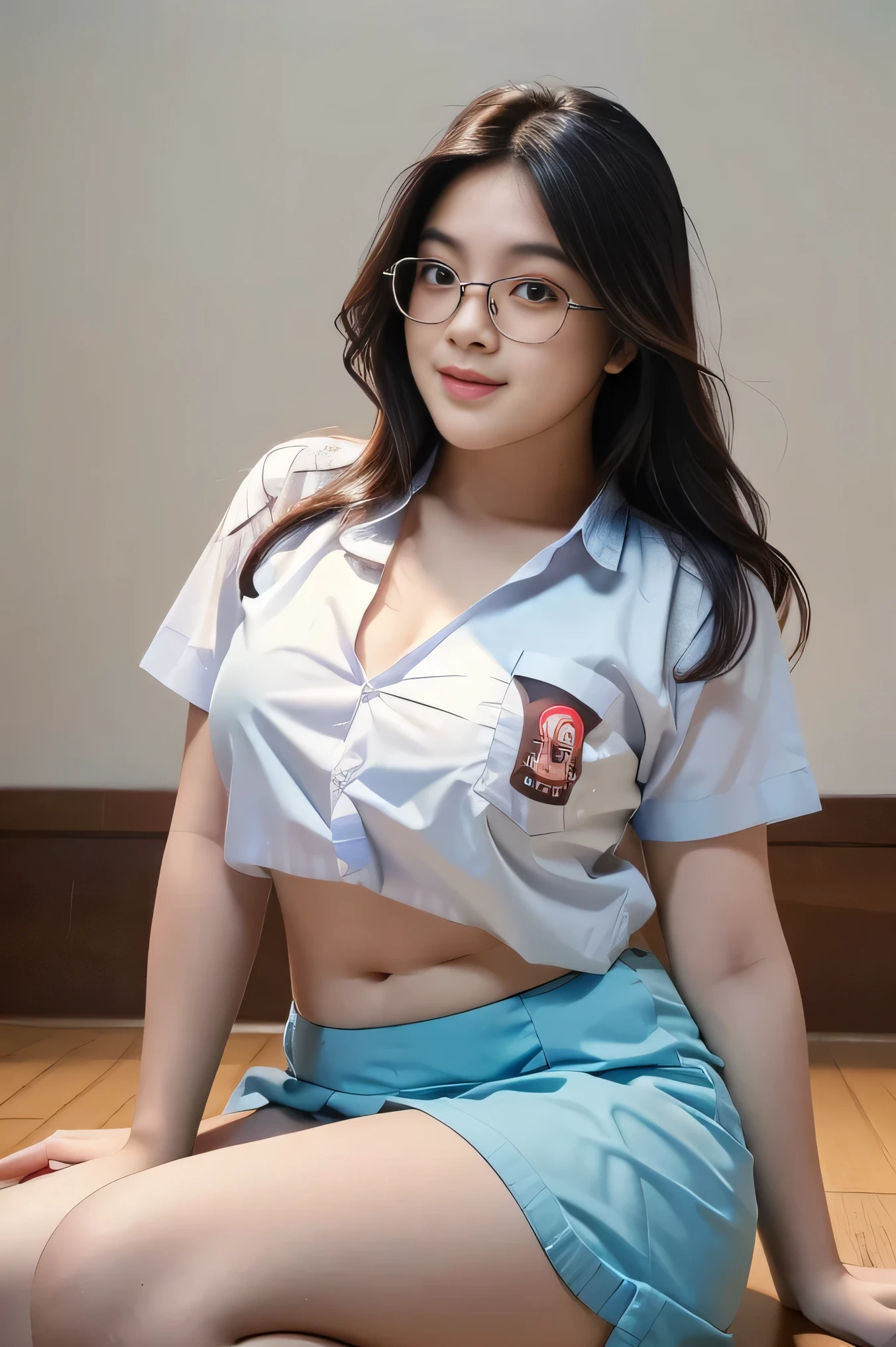 1girl, solo, sensual woman, clear lighting, (Indonesian_high_school), semi-curvy body, thick breasts, at the gym, sexy pose, sitting, detailed face, detailed eyes, in the middle, unparalleled beauty, looking at the camera , thick breasts, detailed skin, Sixpack abs, looking at the audience, wearing white shirt, wearing white short skirt, (8k, RAW photo, best quality, masterpiece: 1.3), (realistic, realistic: 1.37), ultra-high resolution