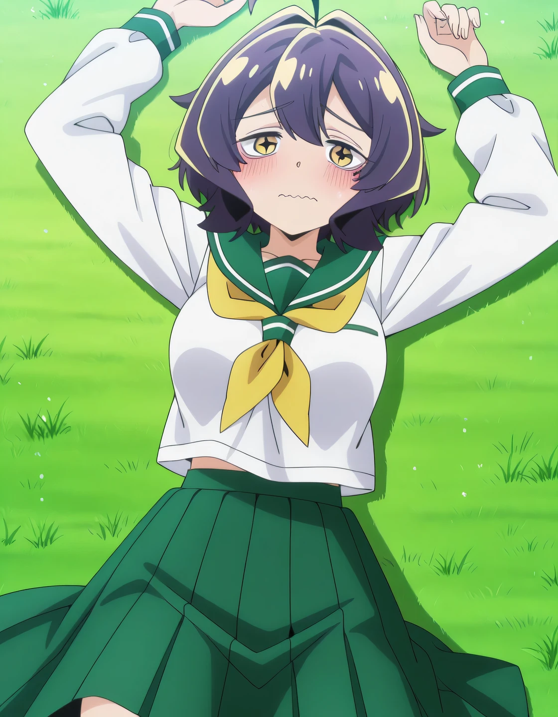 EBBaiser, medium breasts, purple hair, ahoge, bangs, short hair, yellow eyes,
white shirt, green sailor collar, green pleated long skirt, long sleeves, yellow neckerchief, school uniform, serafuku, anime screencap, shiny skin, high quality, solo, lying, on back, arms up, legs apart, closed mouth, on grass, cowboy shot, full shot, looking at viewer, wavy mouth, blush, shy, best quality